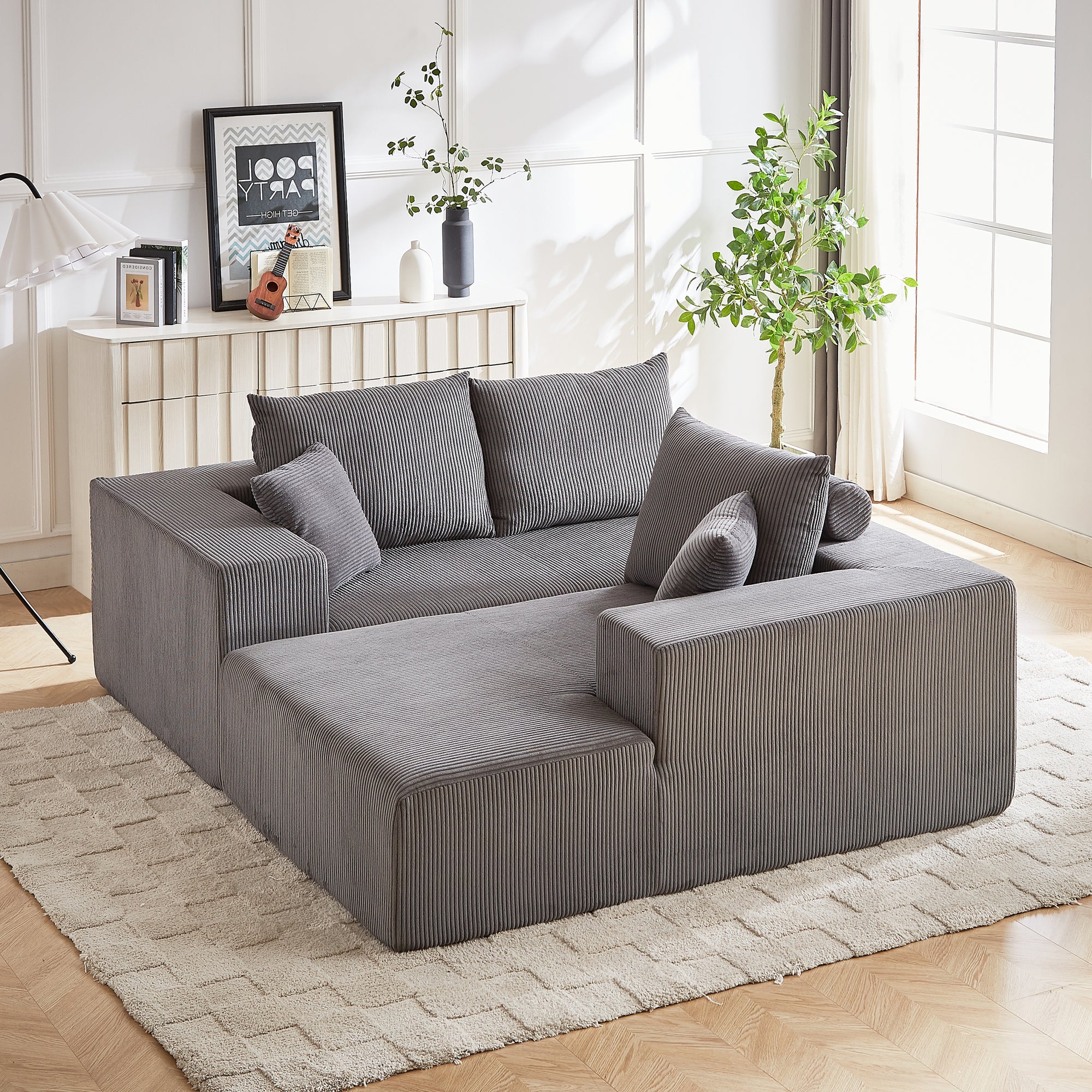 Modern Corduroy Upholstered Sectional Sofa Couch Set With Modular Design And Five Pillows For Customizable Comfort In Grey