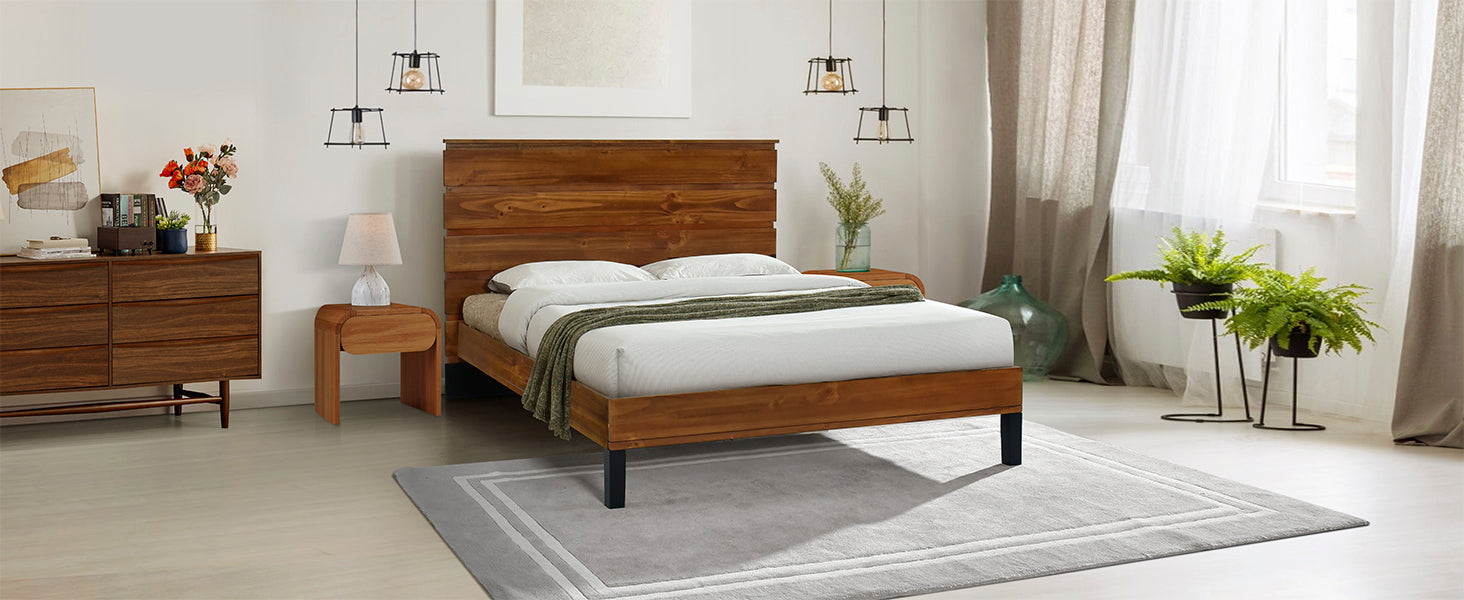 Brown Full Mid-Century Modern Solid Wood Bed with Six-Piece Headboard