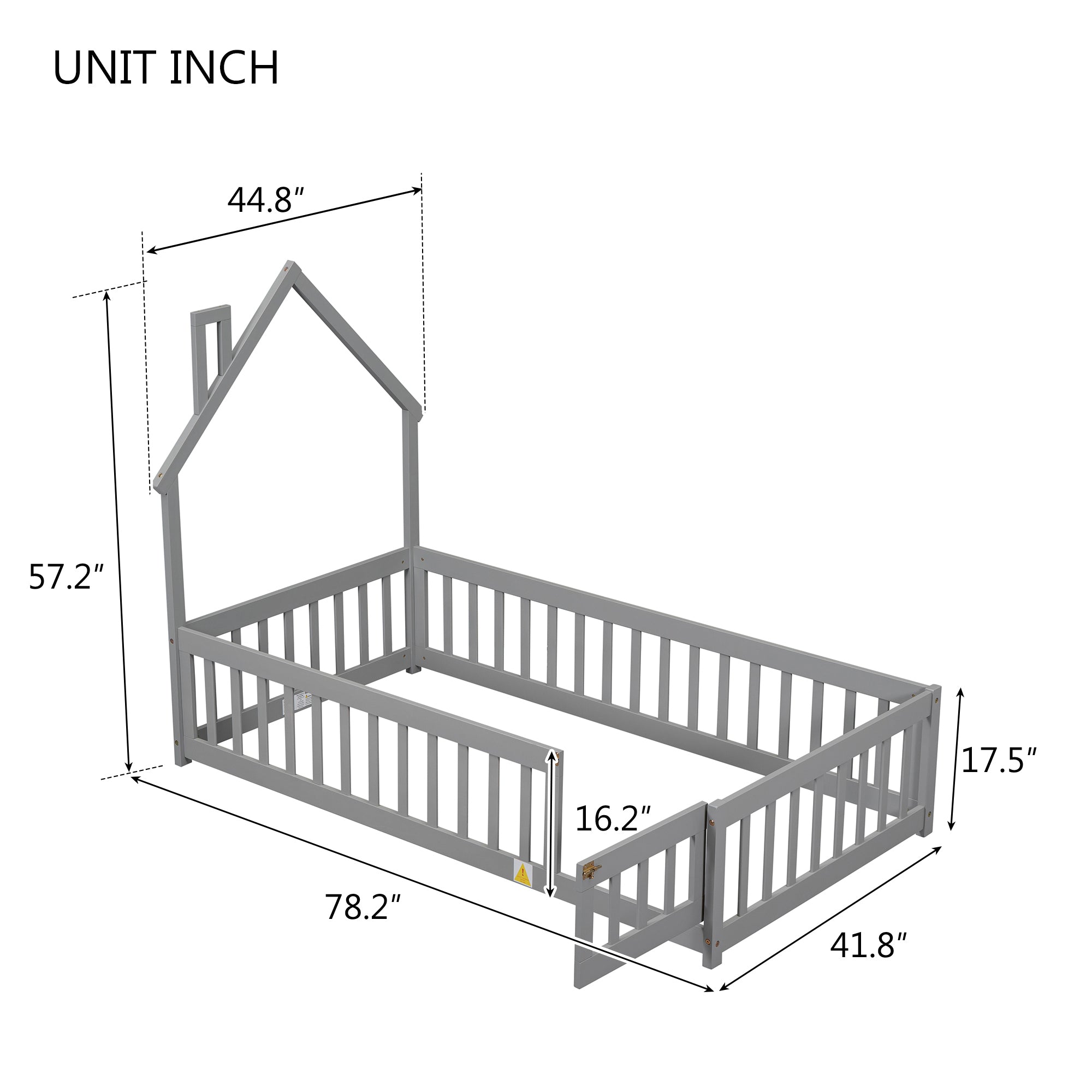 Gray Twin House-Shaped Headboard Floor Bed with Fence