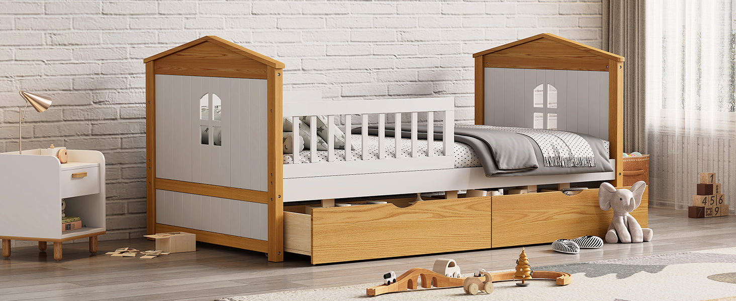 Twin Safety Bed For Toddlers with Fence Guardrails & Storage Drawers