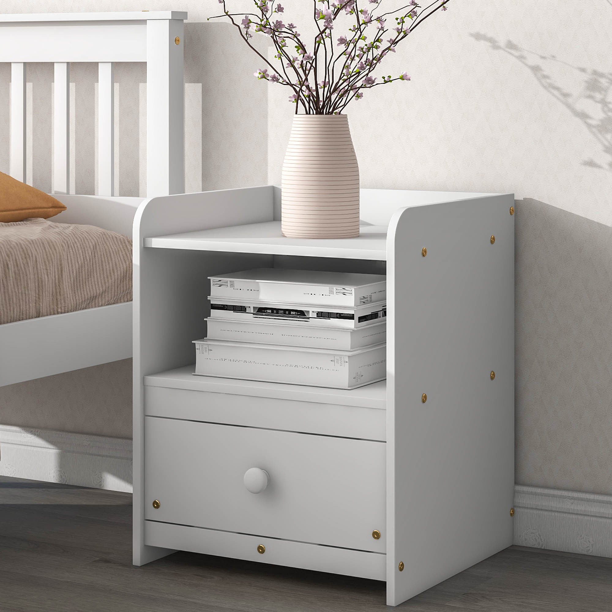 White Twin Bed with Headboard, Footboard, and Nightstand