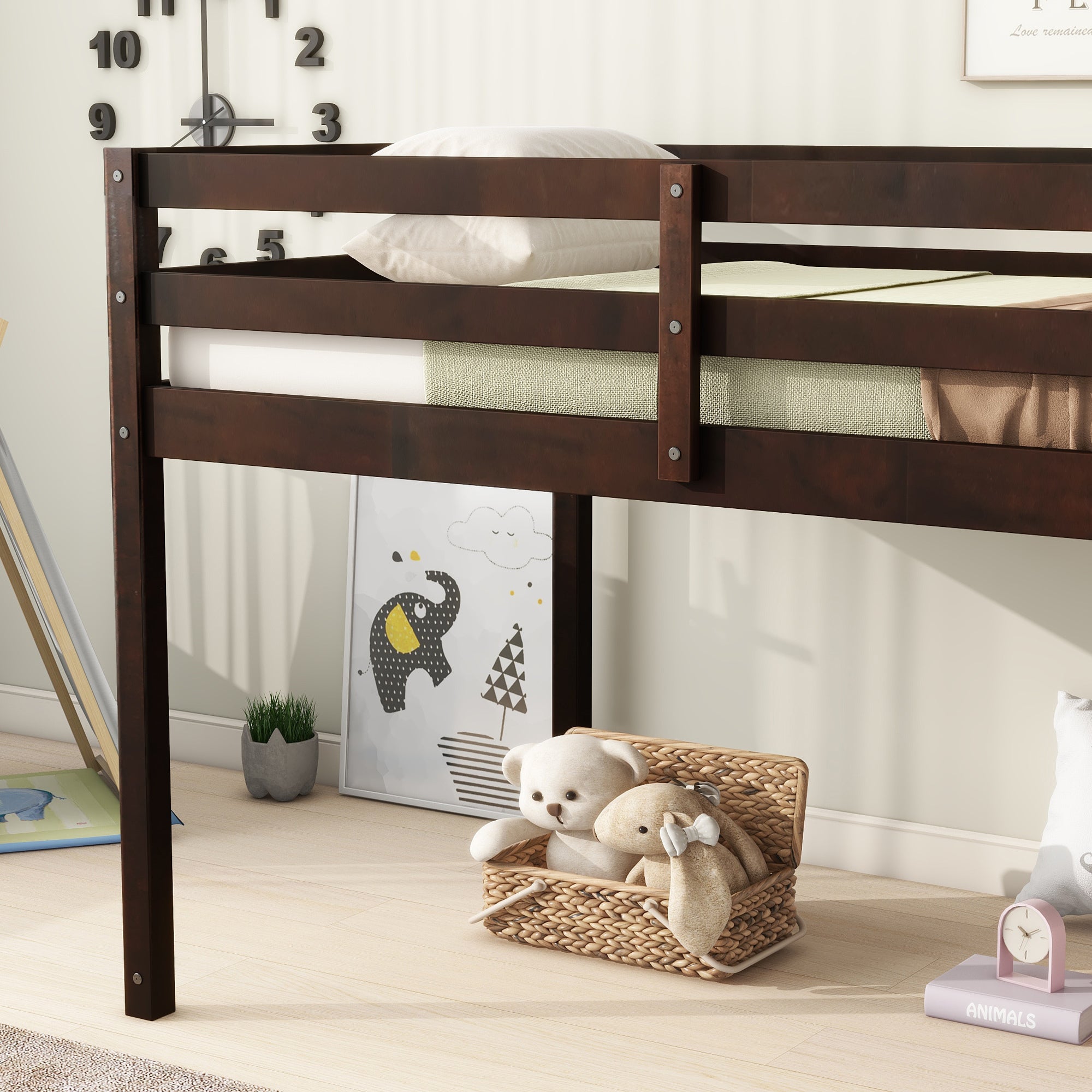 Espresso Twin Loft Bed with Ladder and Strengthened Slats