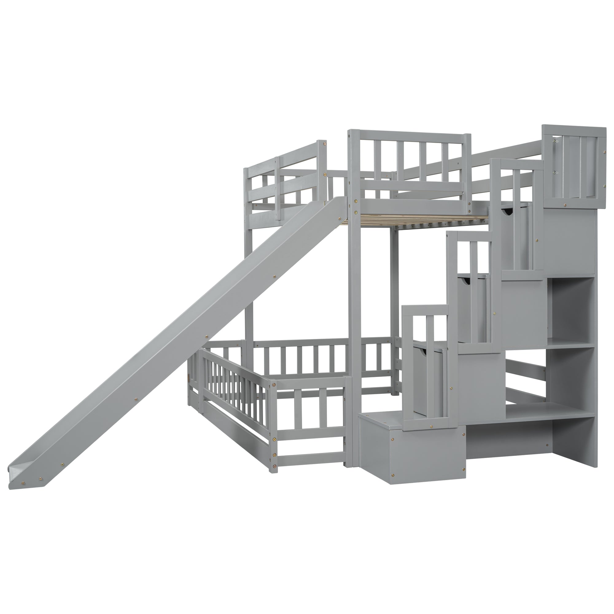 Twin Over Full Bunk Bed with Slide and Storage Staircase