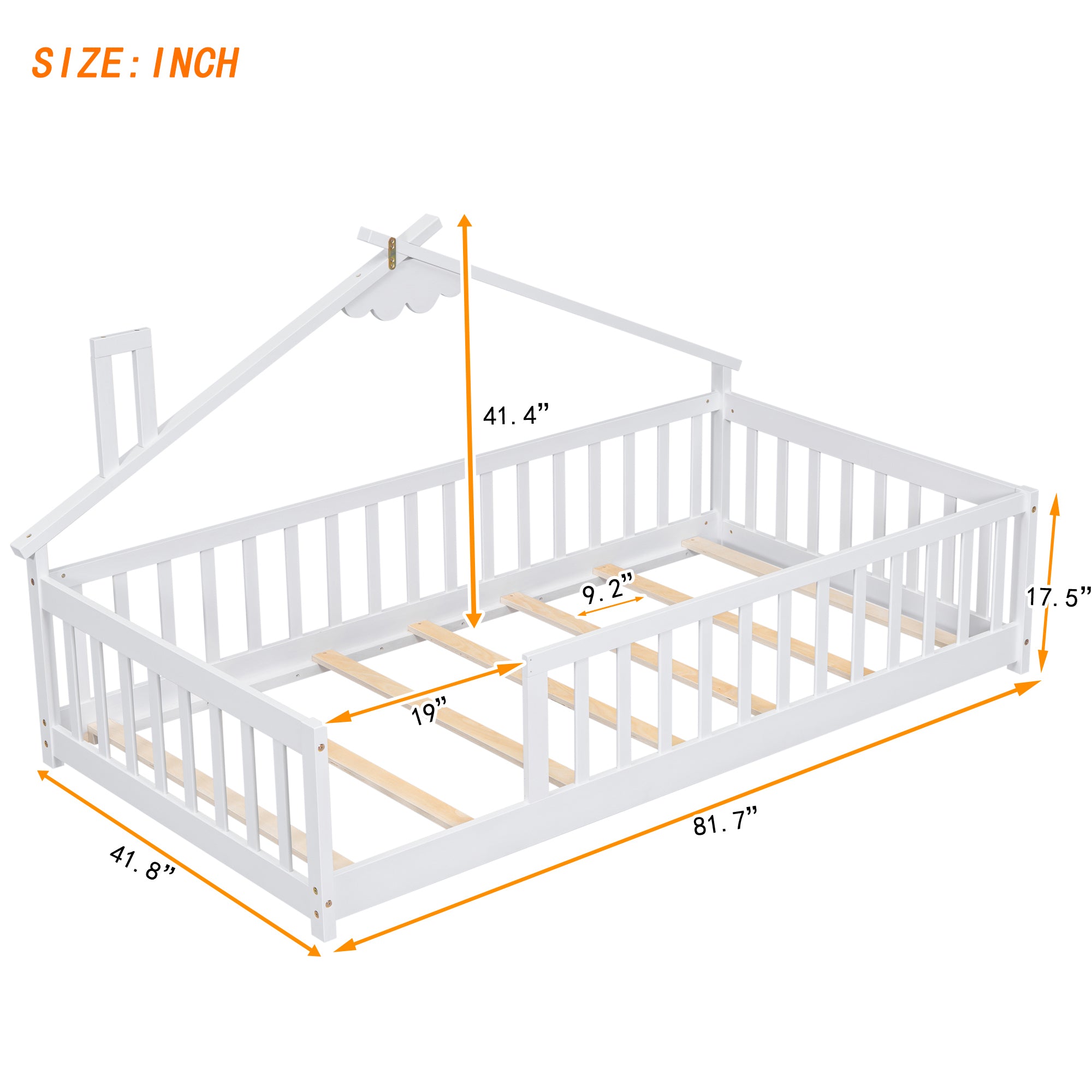 Twin House-Shaped Toddler Floor Bed with Guardrails and Slats