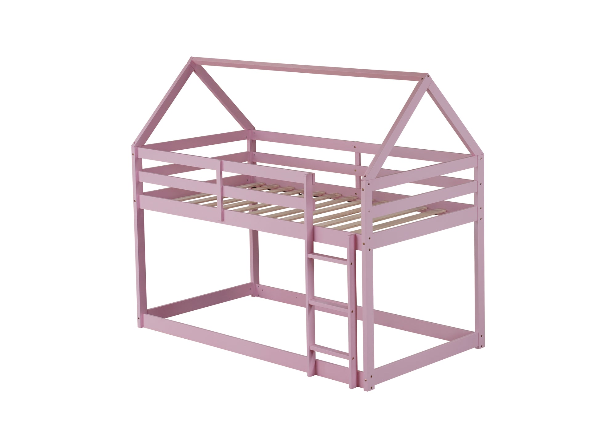 Twin Over Twin Pink House-Shaped Floor Bunk Bed with Ladder and Guardrails