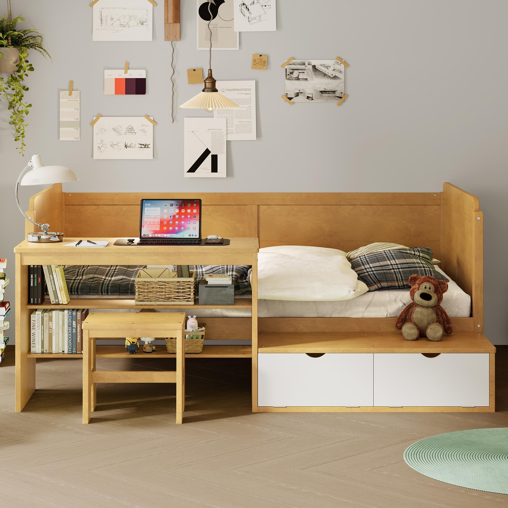 Wooden Twin Size Daybed with Storage Shelves and Desk In Natural