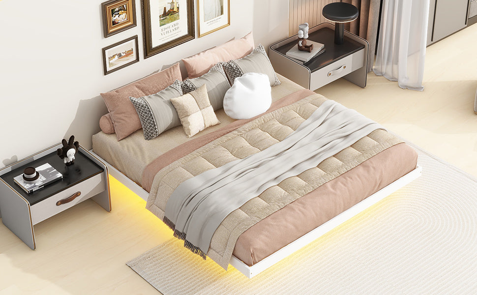 White King Size Floating Bed with LED Lighting