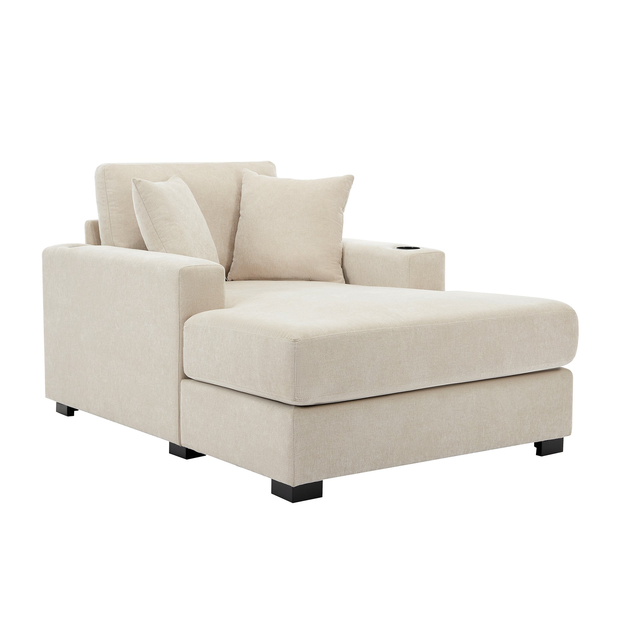 Cream Chenille Oversized Chaise Lounger With Built-In Charge Station & Cup Holders