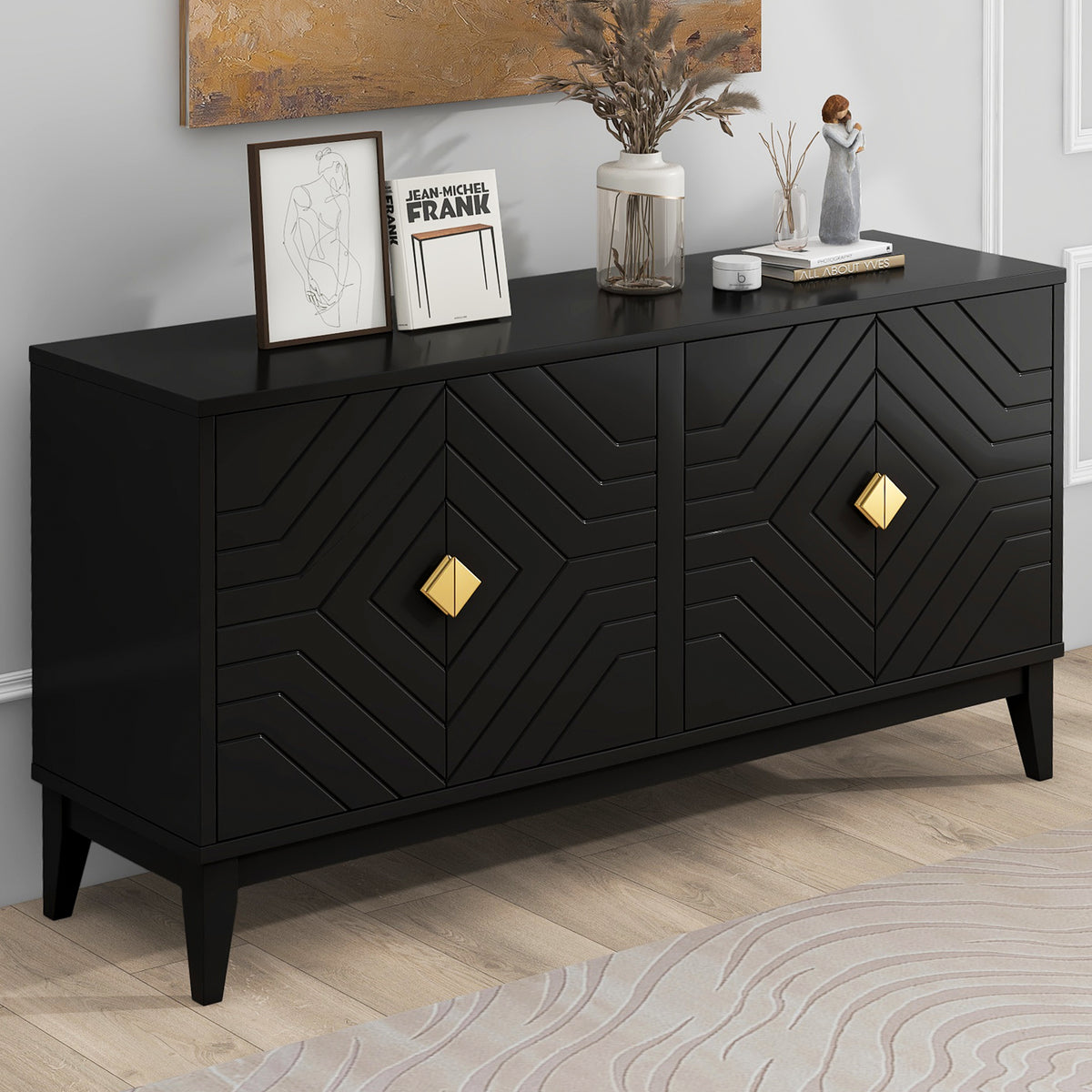 4-Door Sideboard Storage Cabinet with Gold Handles and Adjustable Shelf for Living Room and Dining Room In Black