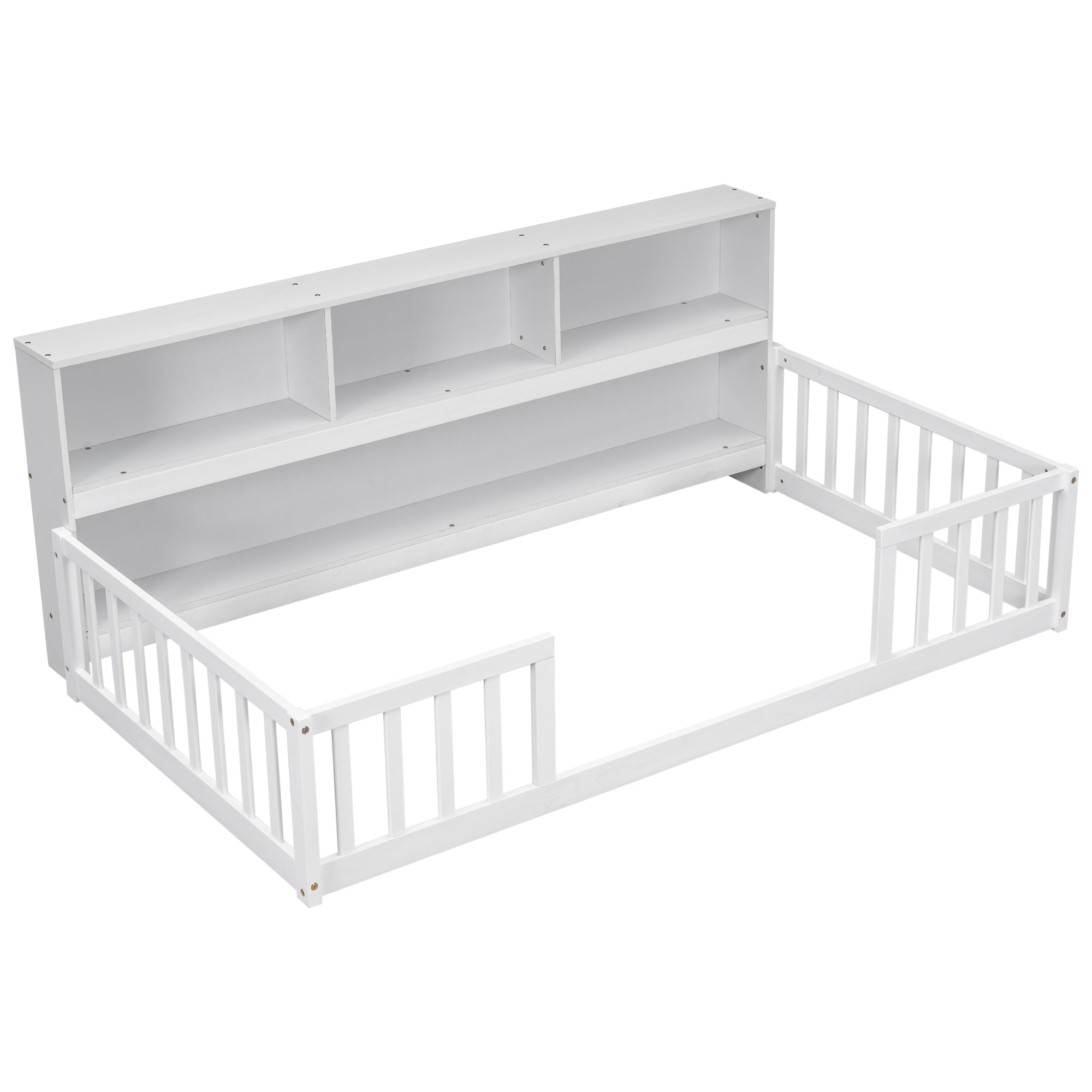 Twin Toddler Floor Bed with Bedside Bookcase, Shelves, and Guardrails in White