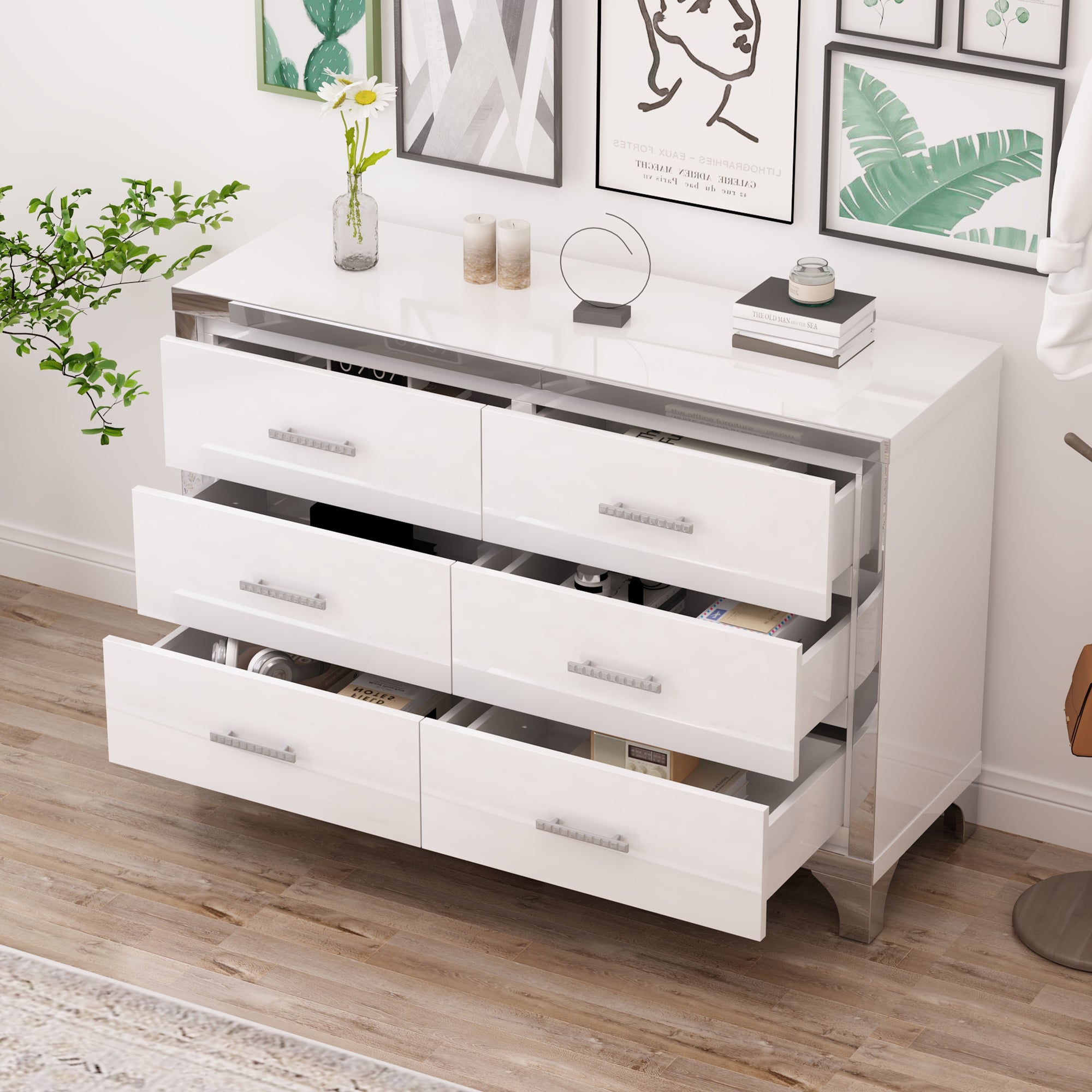 Elegant High Gloss Dresser with Metal Handle and 6 Drawers In White