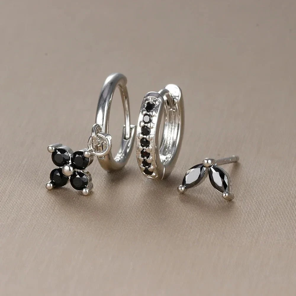 3pc Dainty Floral Huggie Whale Earrings Set