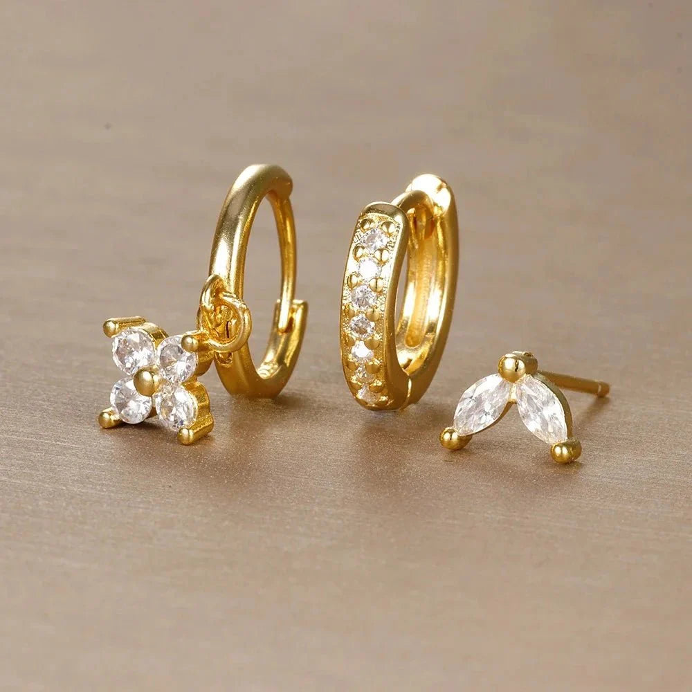 3pc Dainty Floral Huggie Whale Earrings Set