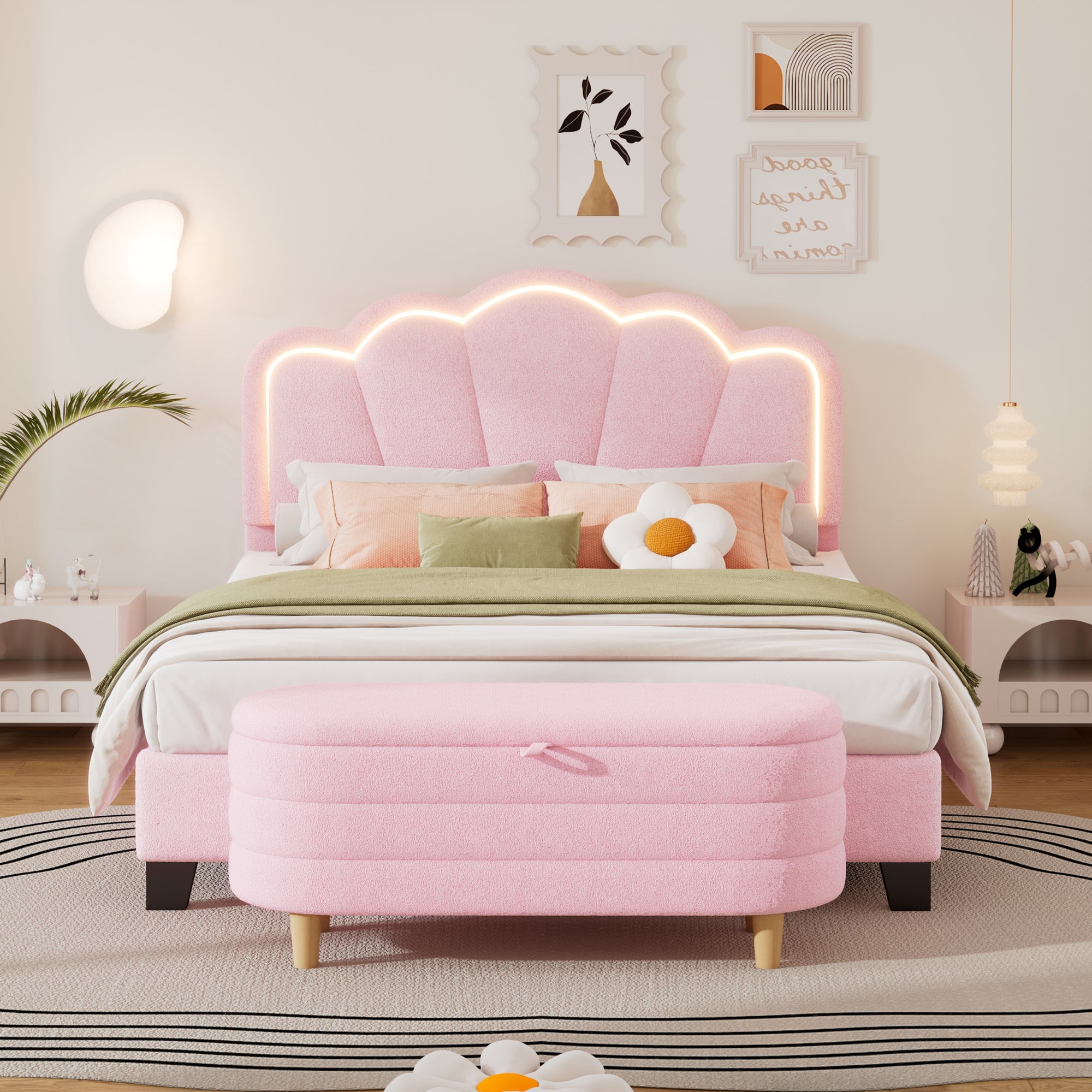 2-Pieces Bedroom Sets Full Size Upholstered LED Bed with Storage Ottoman In Pink