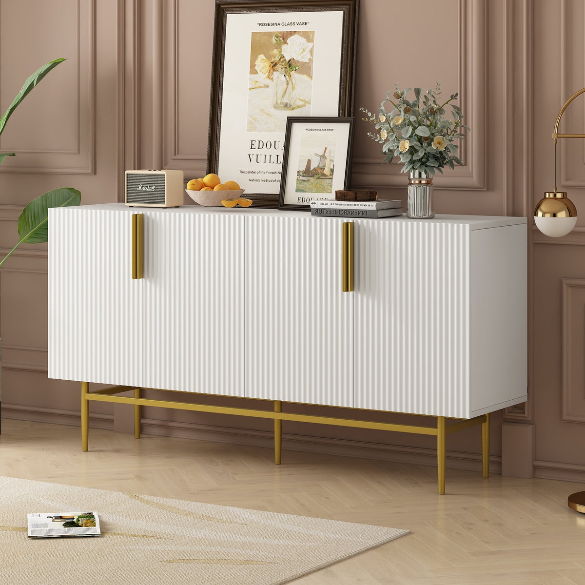 Modern Elegant 4-Door Sideboard Gold Metal Handle Buffet Cabinet for Dining Room Living Room Bedroom Hallway In White