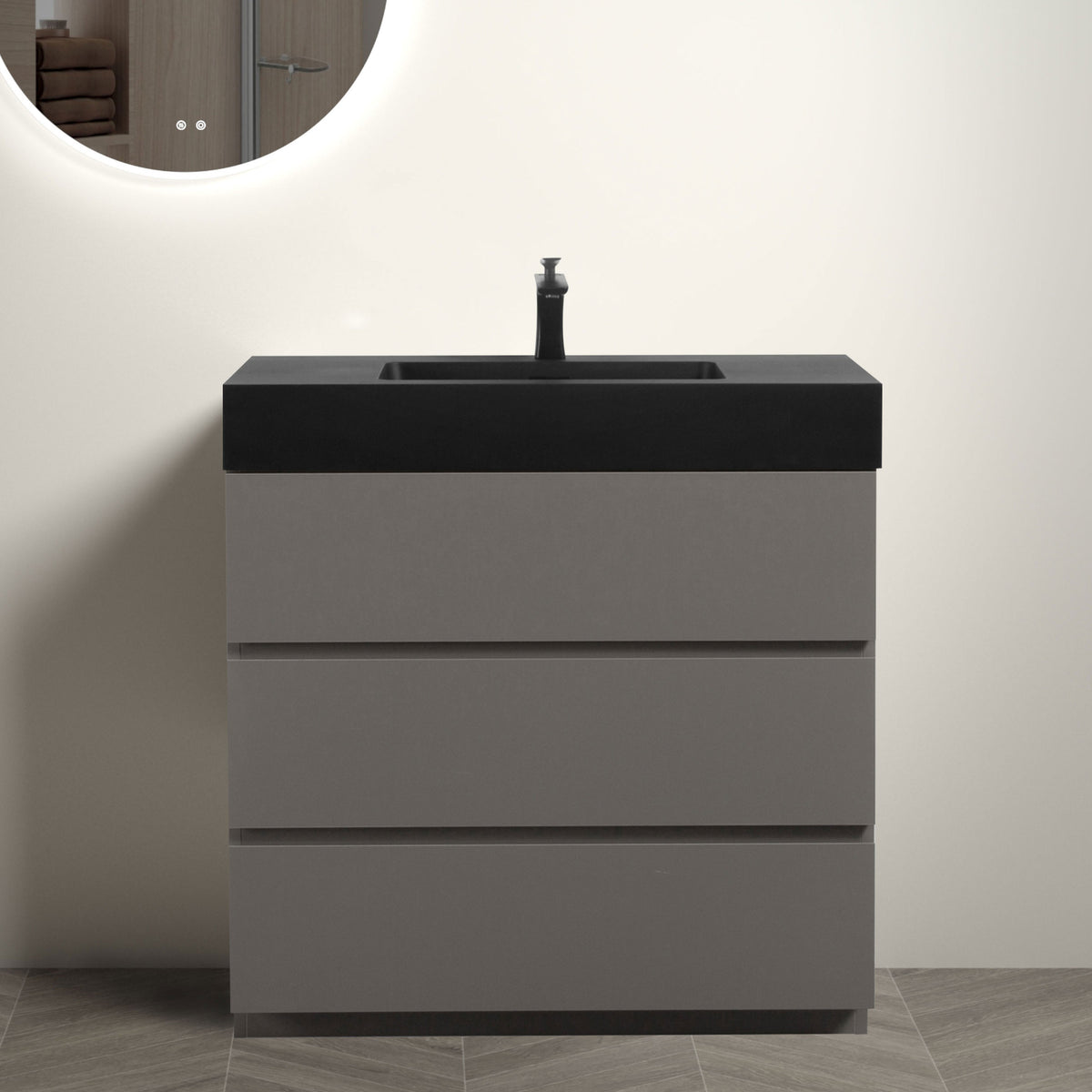 Gray Bathroom Vanity with Sink Large Storage Freestanding Design One-Piece Black Basin Pre-assembled In Gray