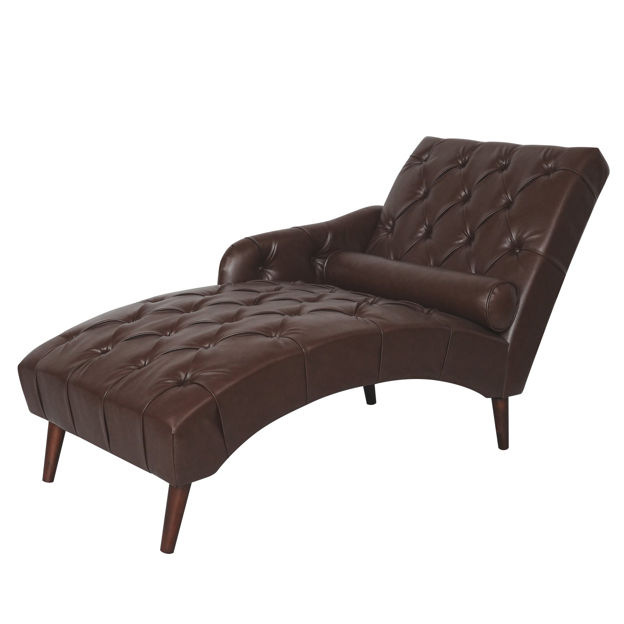 Dark Brown Faux Leather Chaise Lounge Arm Chair with Tufted Backrest and Pillow