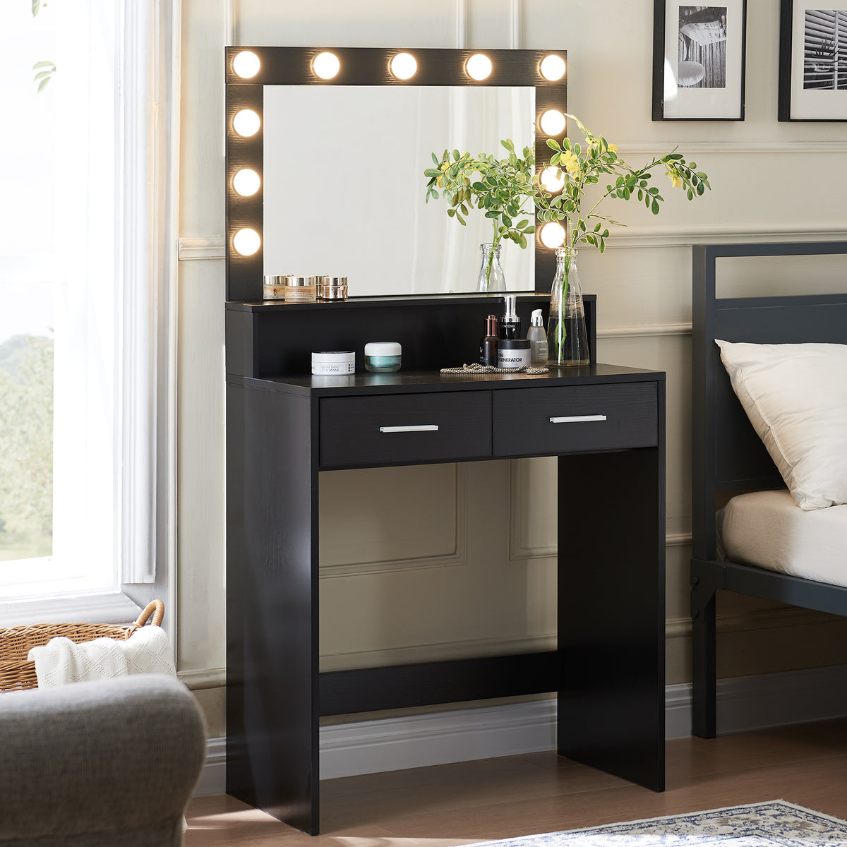 Vanity Desk with Mirror and Lights Large Drawer 3 Lighting Modes Adjustable Brightness In Black