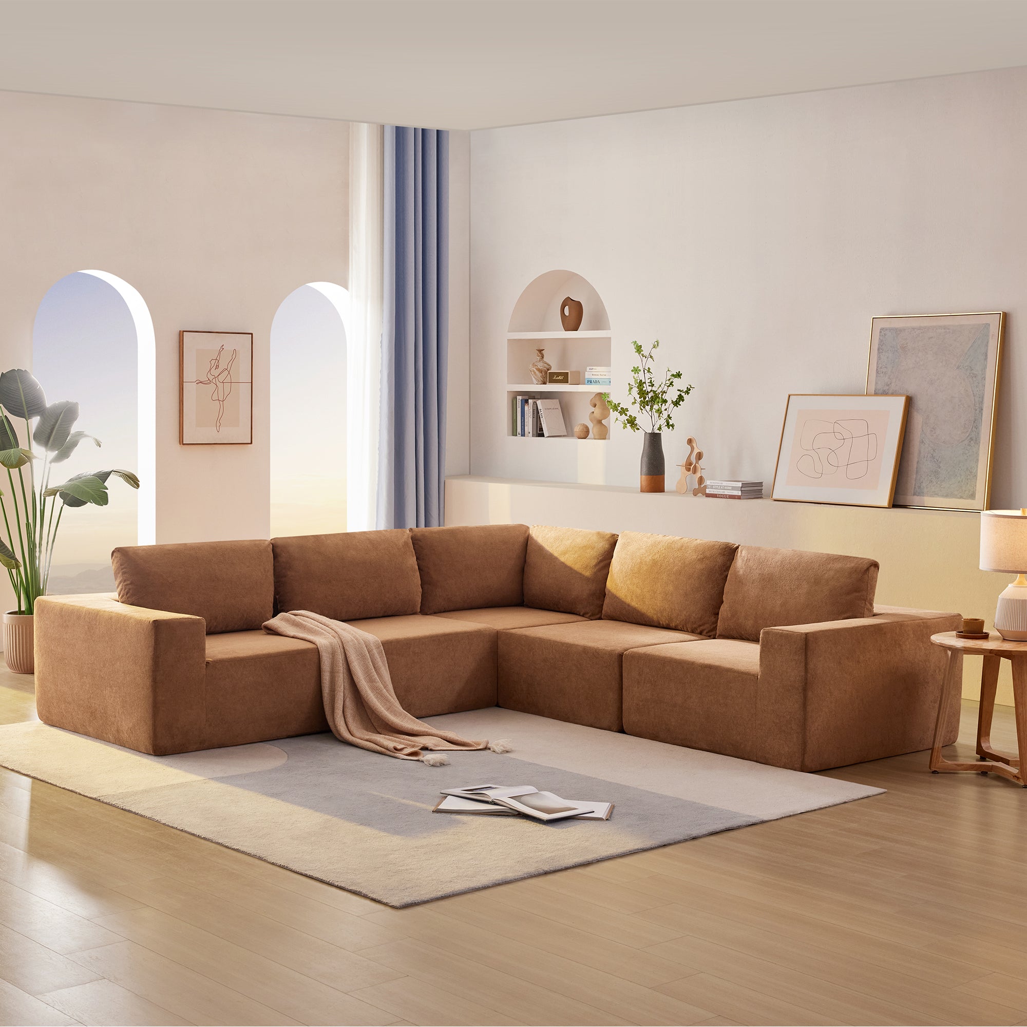 Kyoto Modular Sectional Sofa with Terrycloth Fabric in Burnt Orange Brown