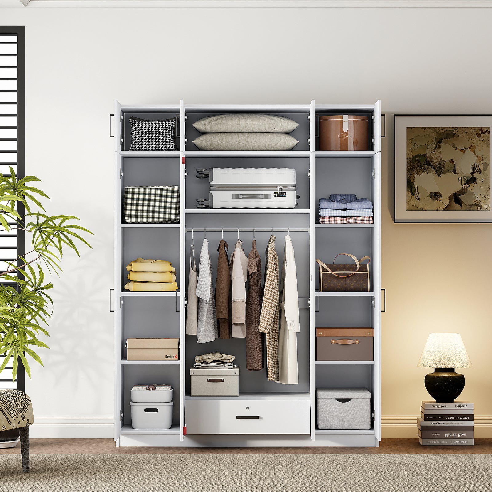 Nøordka Light Dresser Default 80" White Contemporary 4-Door Wardrobe with Drawer & Cabinet