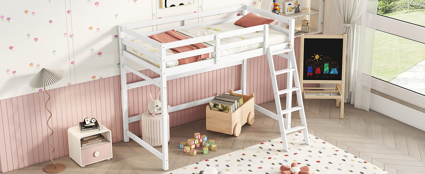 White Twin Size High Loft Bed with Inclined Ladder and Guardrails