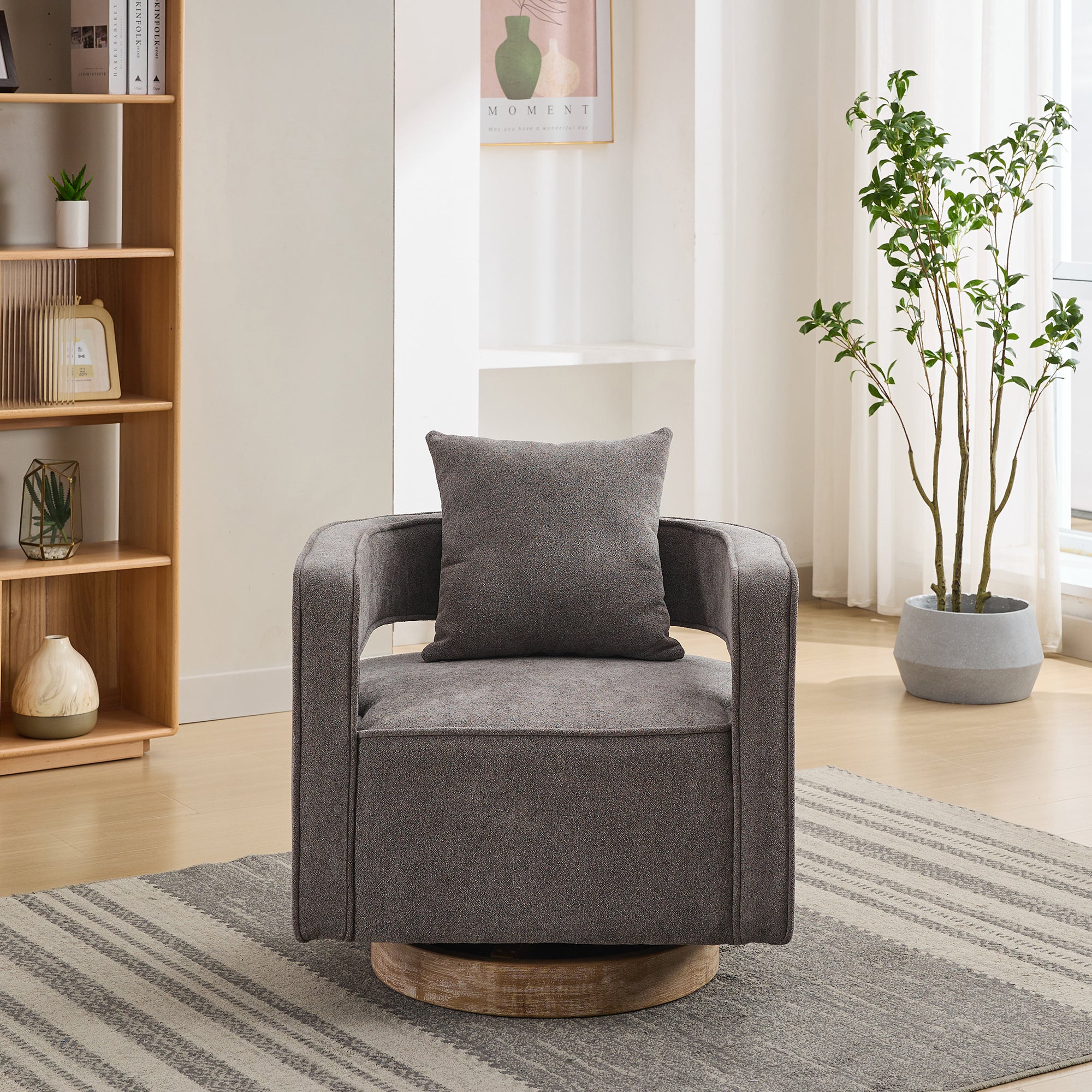 Open Back Charcoal Linen Blend Swivel Accent Chair With Weathered Base