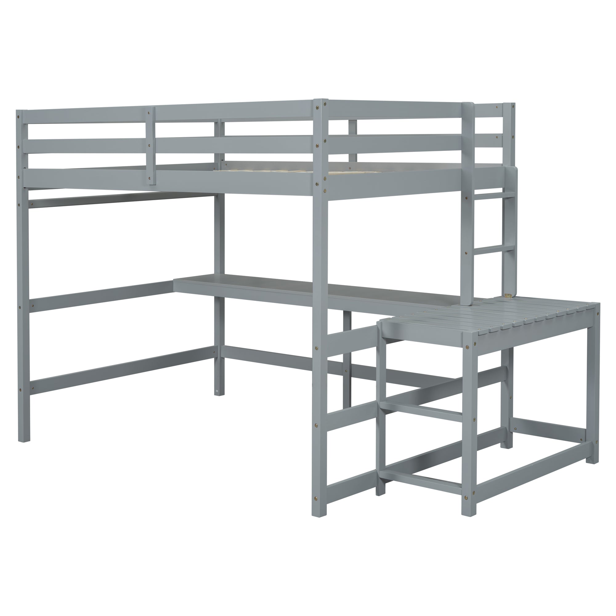 Gray Full Size High Loft Bed with Built-in Desk, Ladder Platform, and Guardrails