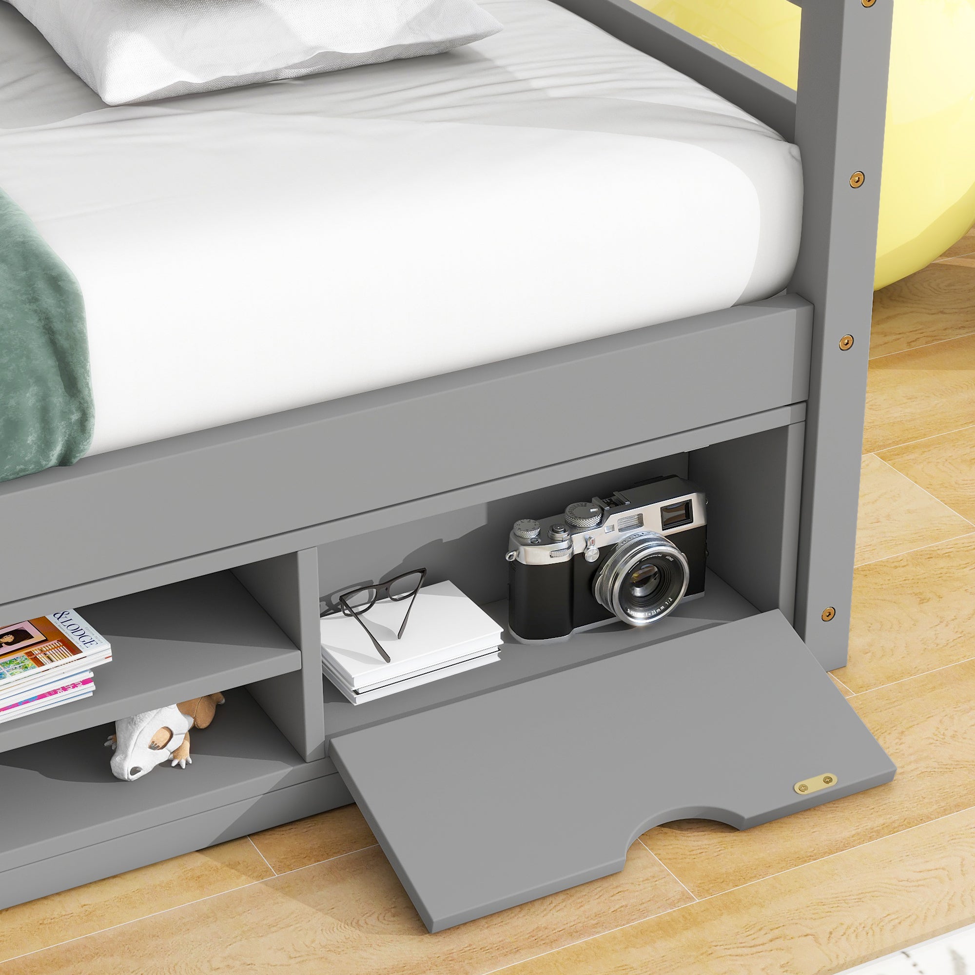 Gray Twin House Bed with Roof Frame, Bedside Shelves & Under-Bed Storage Unit