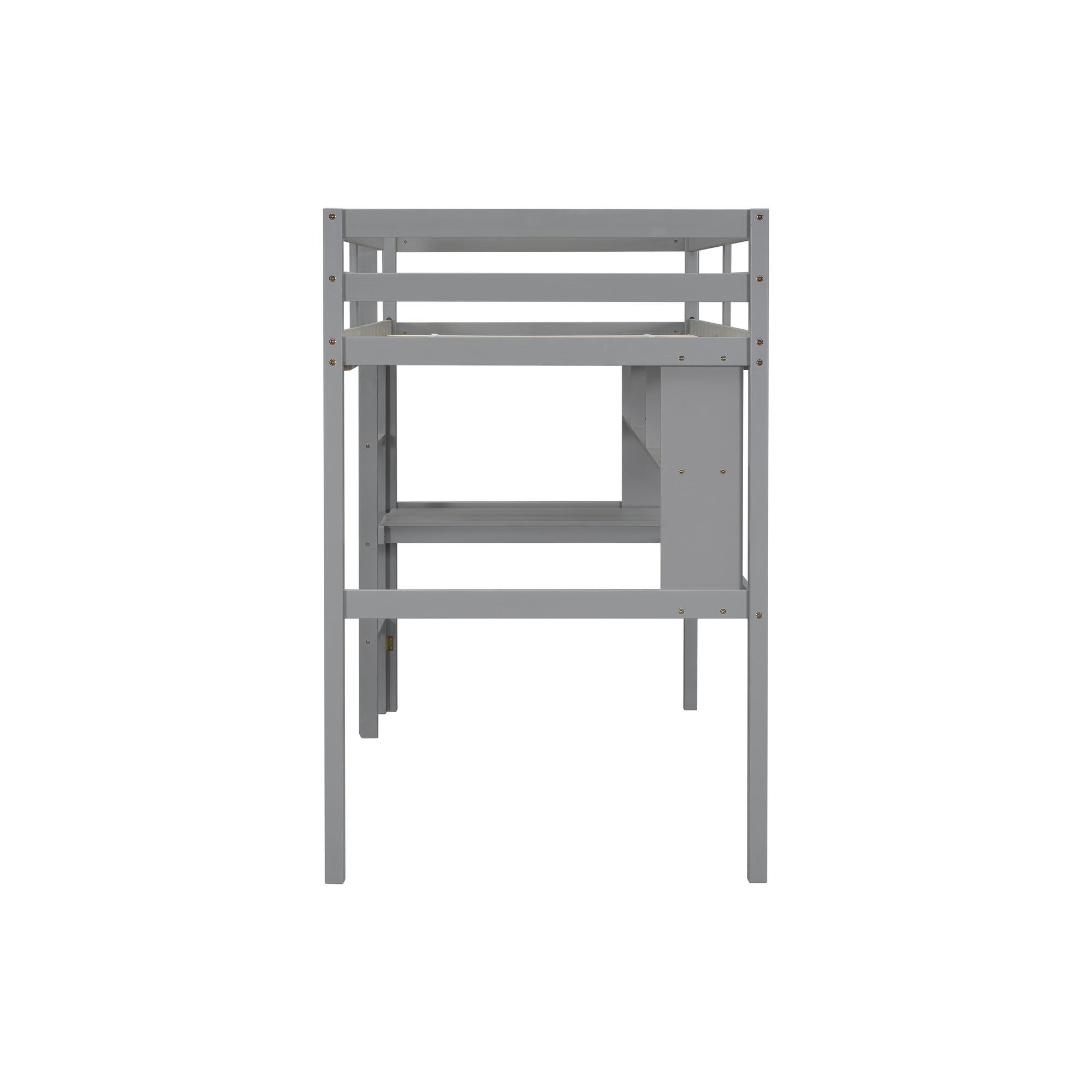 Gray Twin Loft Bed with Desk, Bookcase, and Safety Guardrail