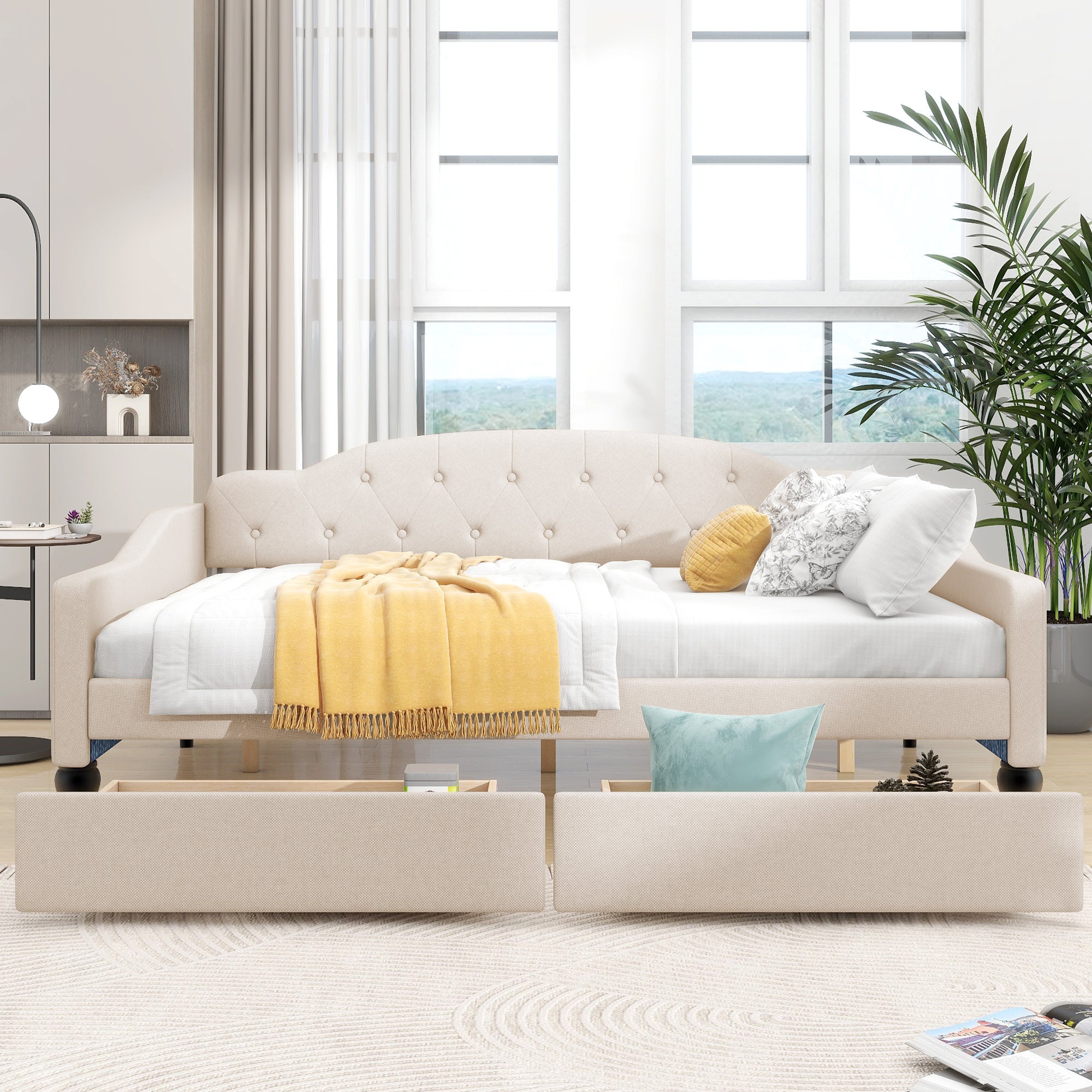 Full Size Upholstered Tufted Daybed with Two Storage Drawers In Beige