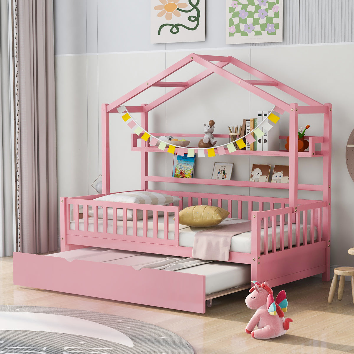 Wooden Twin Size House Bed with Trundle and Shelf In Pink