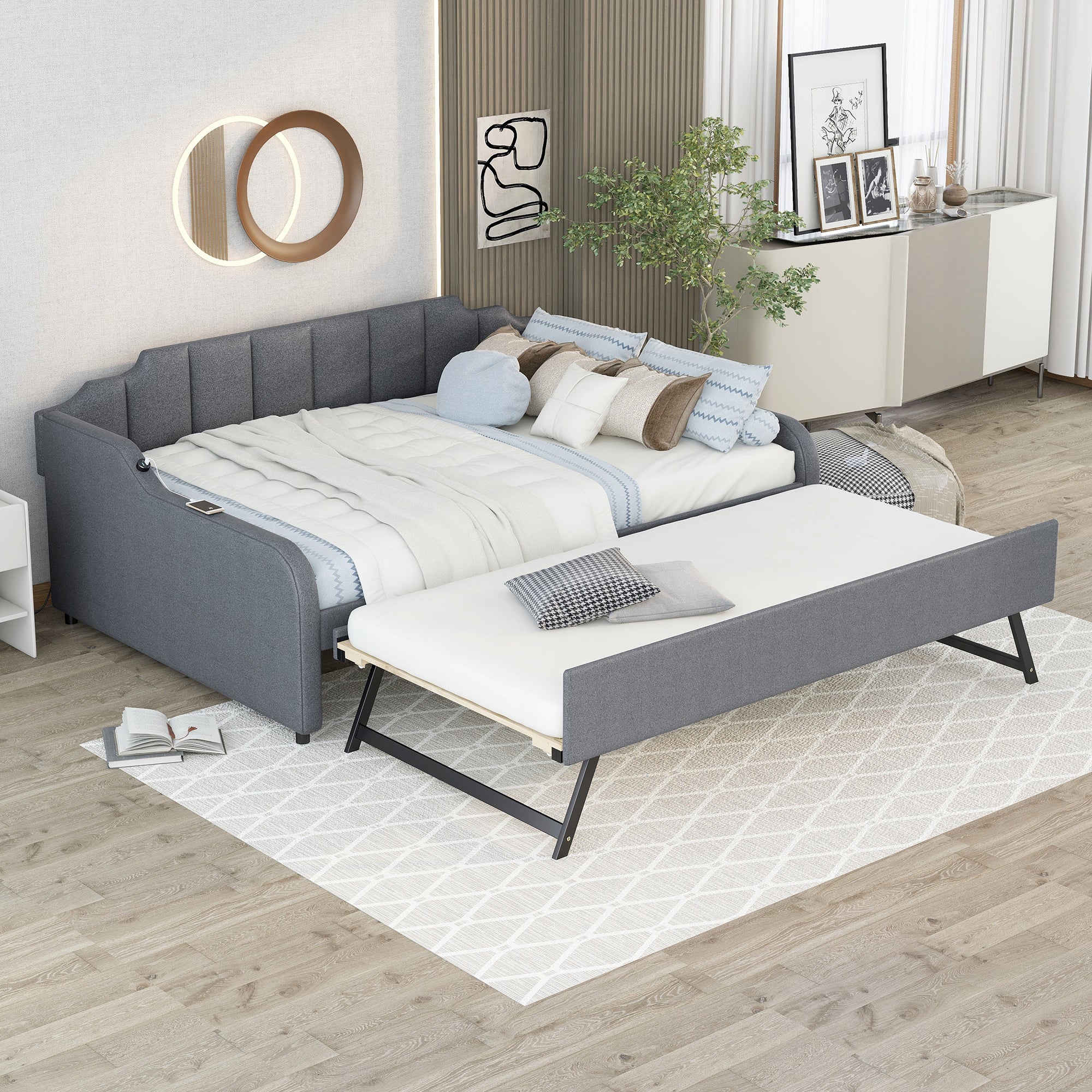 Full Size Upholstery Daybed with Trundle and USB Charging Design Trundle Flat or Erected In Gray