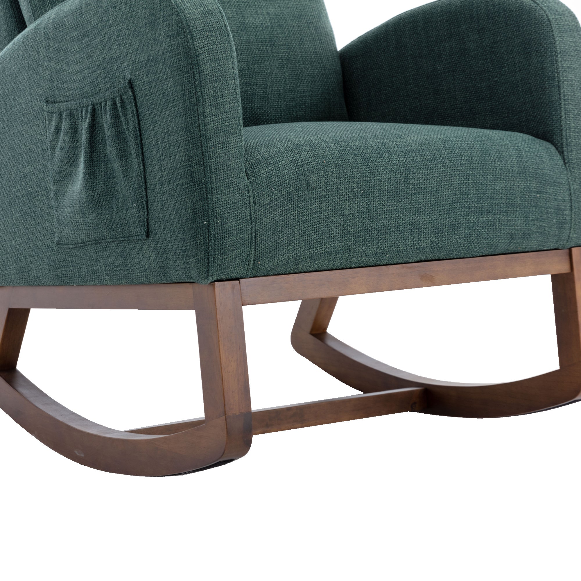 Modern Glider Rocking Chair with Side Pocket and High Back in Emerald Linen