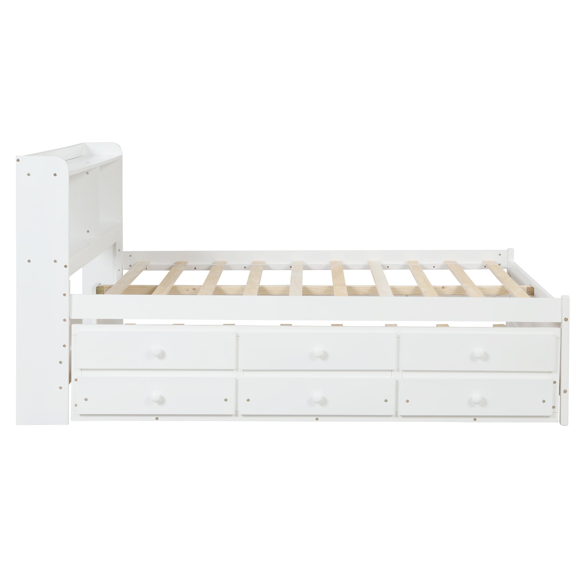 White Full Bed with Bookcase, Twin Trundle, and Drawers