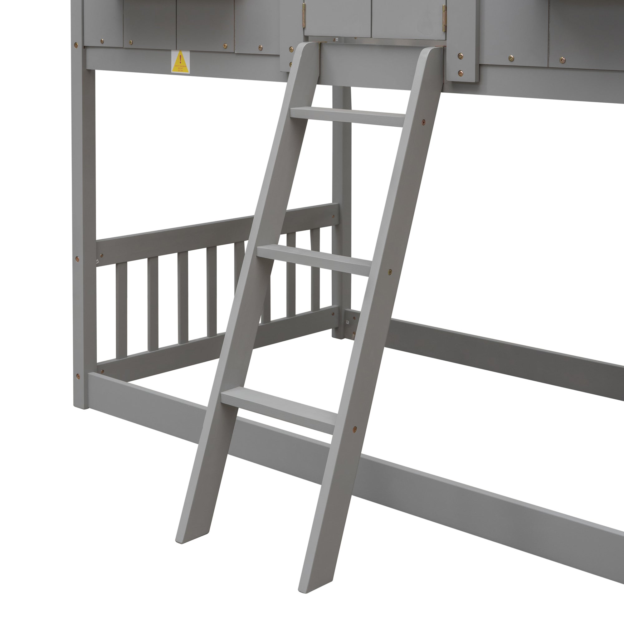 Gray Twin Over Twin House Bunk Bed with Roof, Windows, and Door