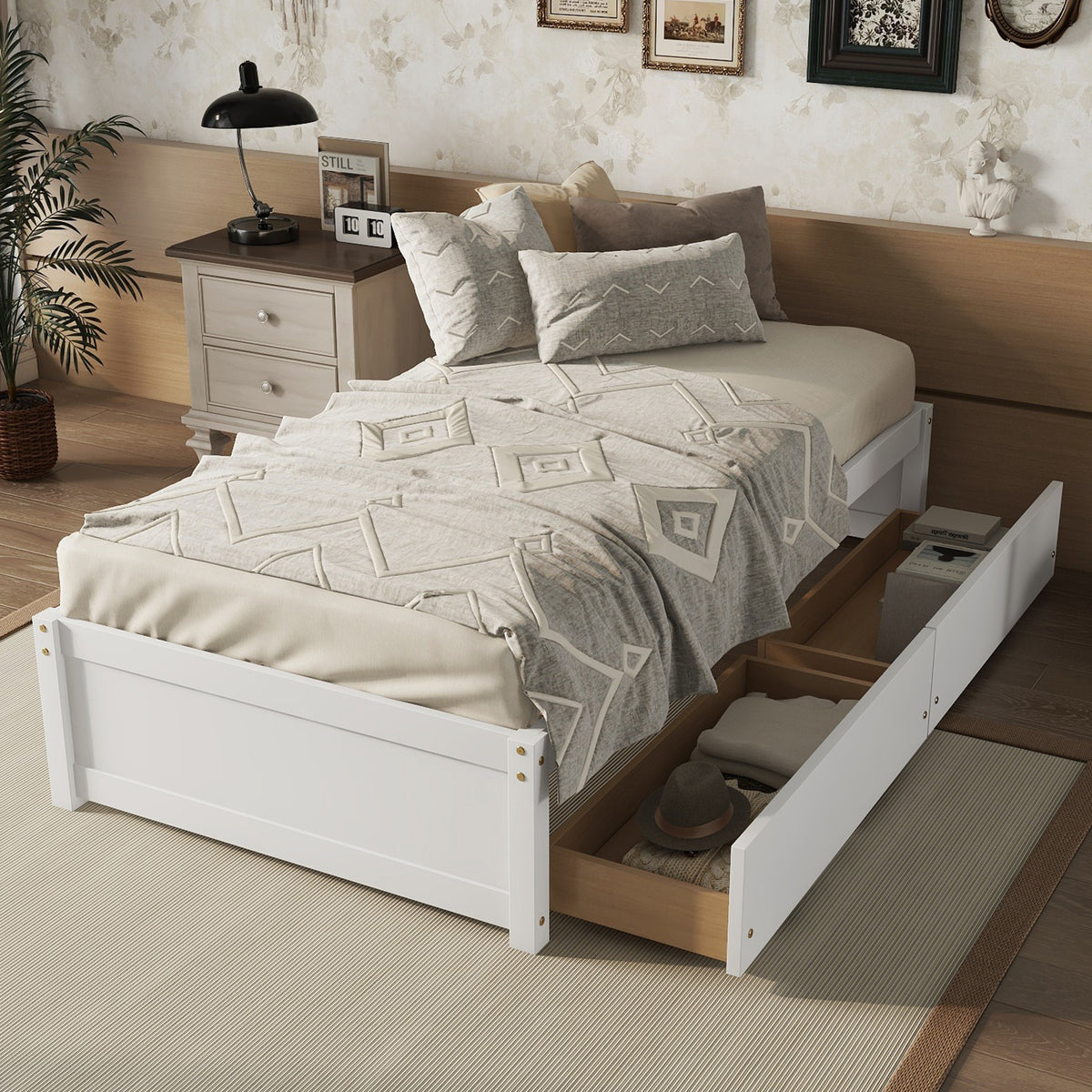 White Twin Bed with 2 Drawers, Solid Wood and No Box Spring Needed