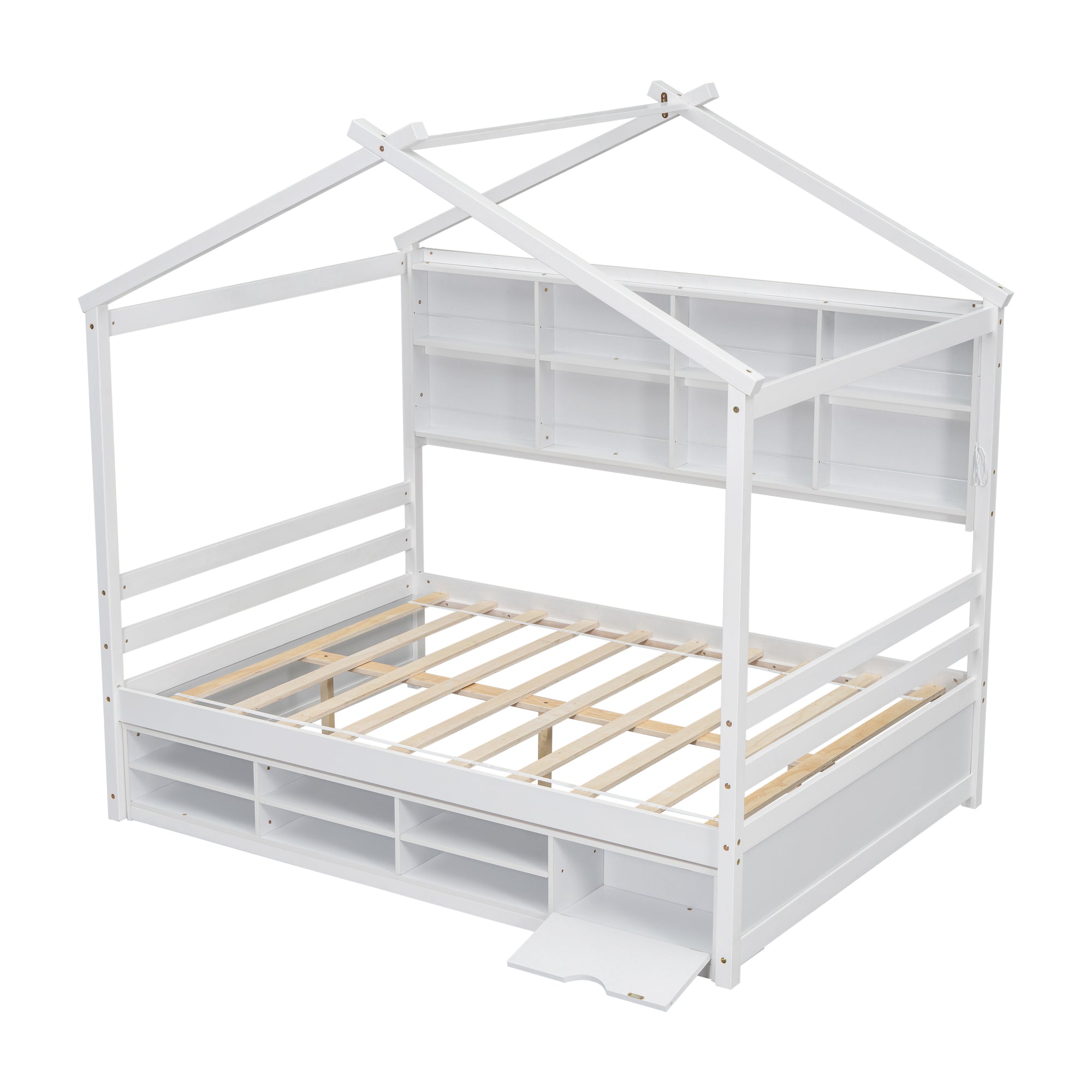 Full Sized Bed with Roof Frame, Bedside Shelves, and Under-Bed Storage Unit