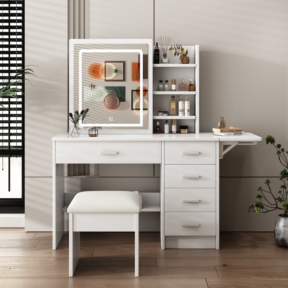 Vanity Desk with Mirror and Lights for Makeup with 5 Drawers and Open Shelves Adjustable Brightness In White