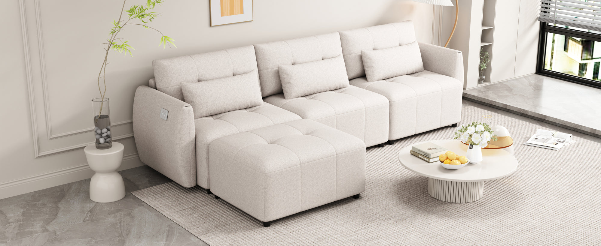 Khartoum Sectional Sofa with Movable Ottoman in Beige Chenille