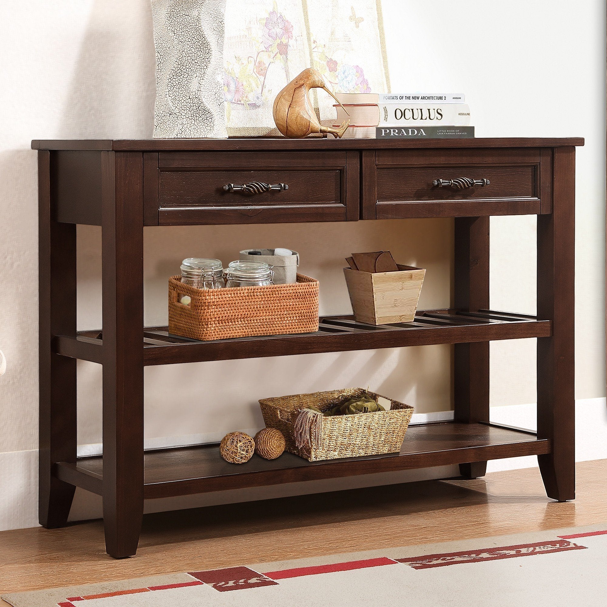 Console Sofa Table with 2 Storage Drawers and 2 Tiers Shelves Mid-Century Style Solid Wood Buffet Sideboard for Living Room In Espresso