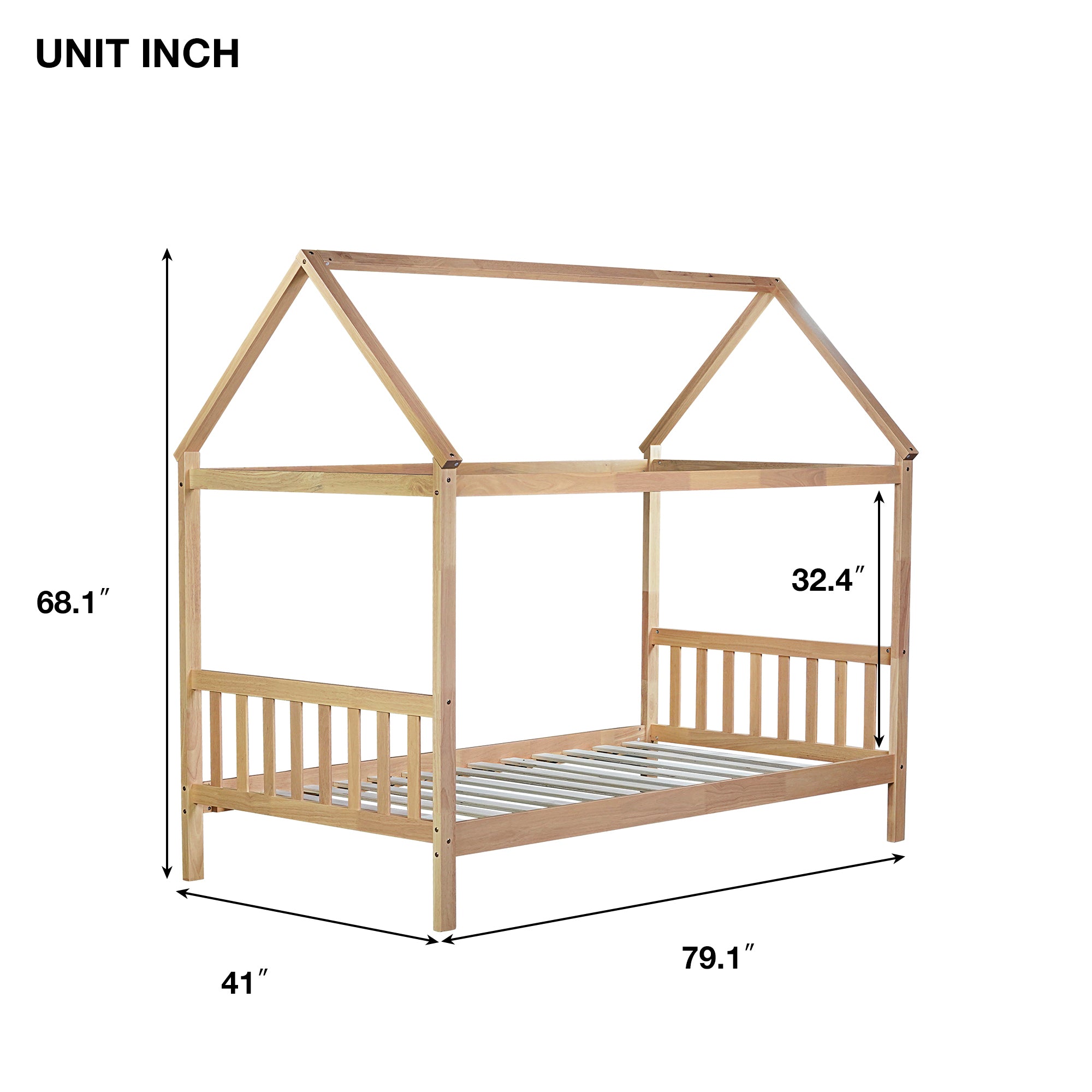 Twin House Bed with Headboard and Footboard in White Oak