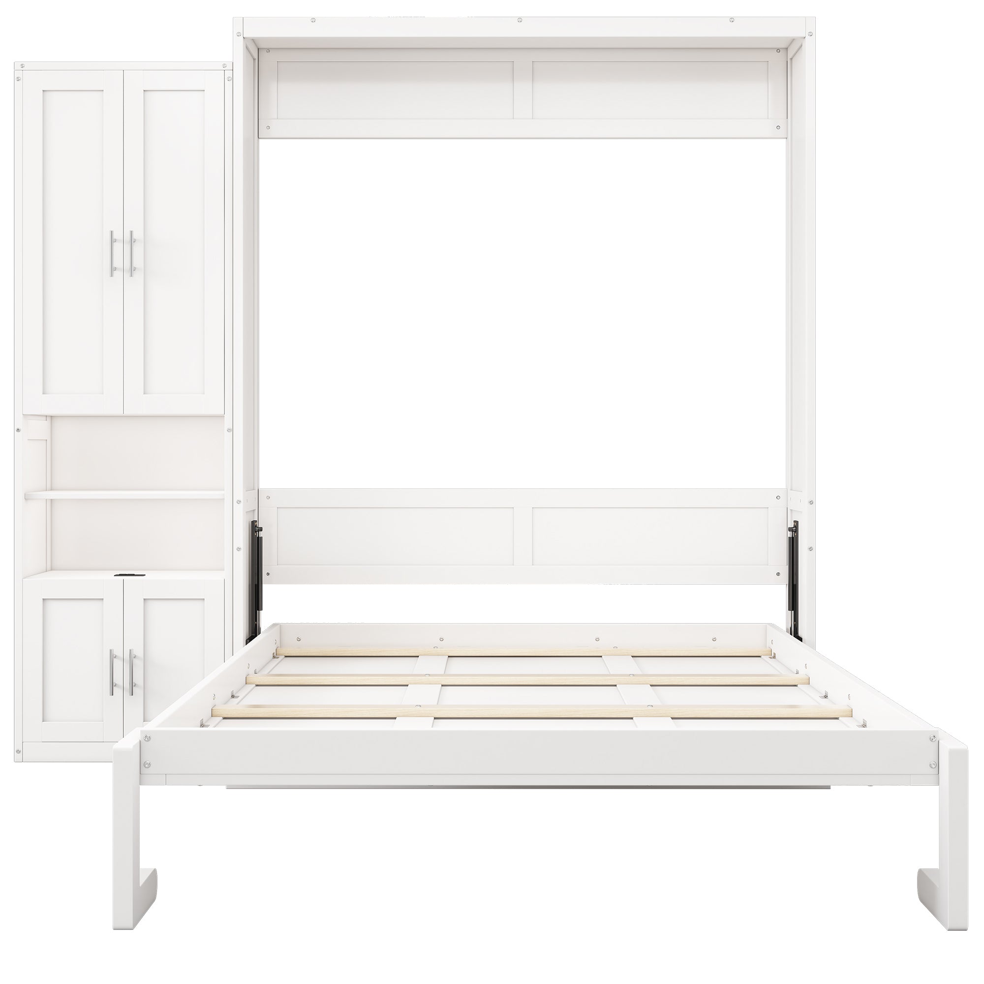 White Queen Size Murphy Bed with Cabinet, Desk, and Side Cabinet