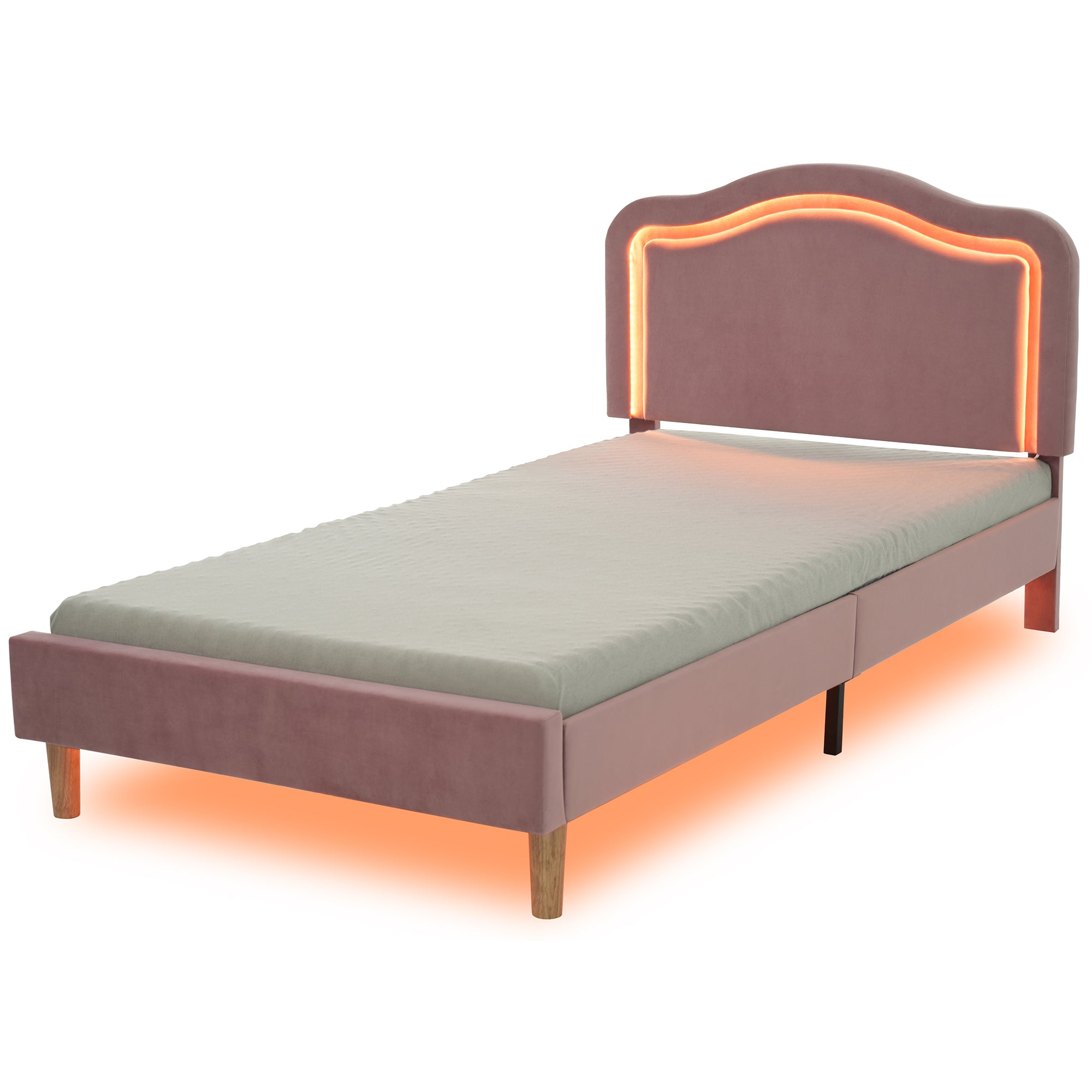 Pink Twin Velvet Upholstered Bed Frame with Adjustable LED Lights