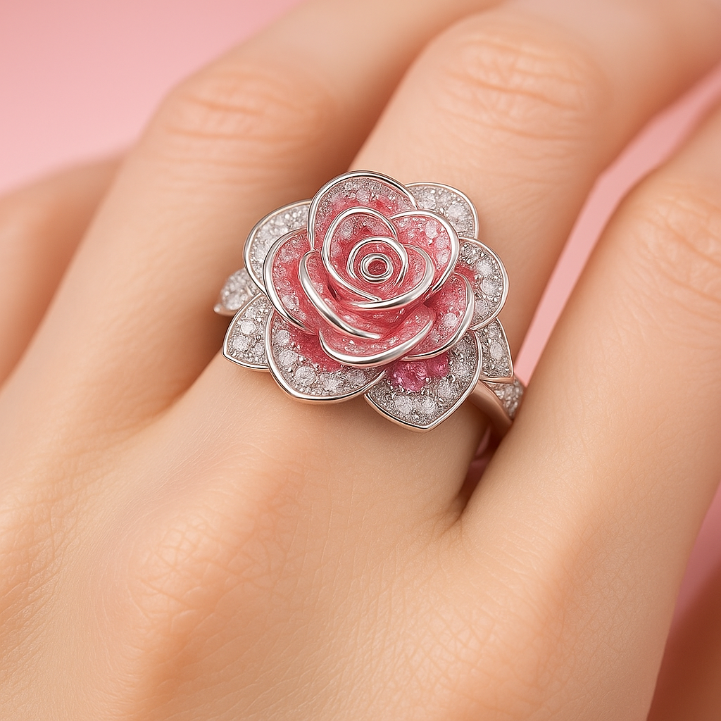 Sparkling Pink Blossom Ring in Silver