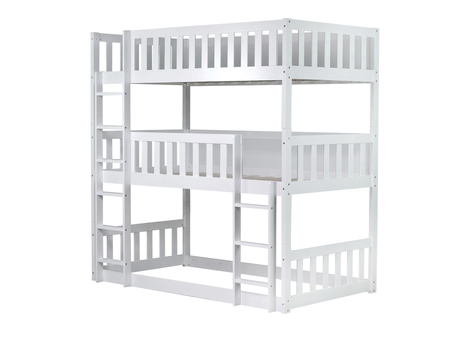 Detachable Twin Size Triple Bunk Bed with Ladders and Guardrails in White