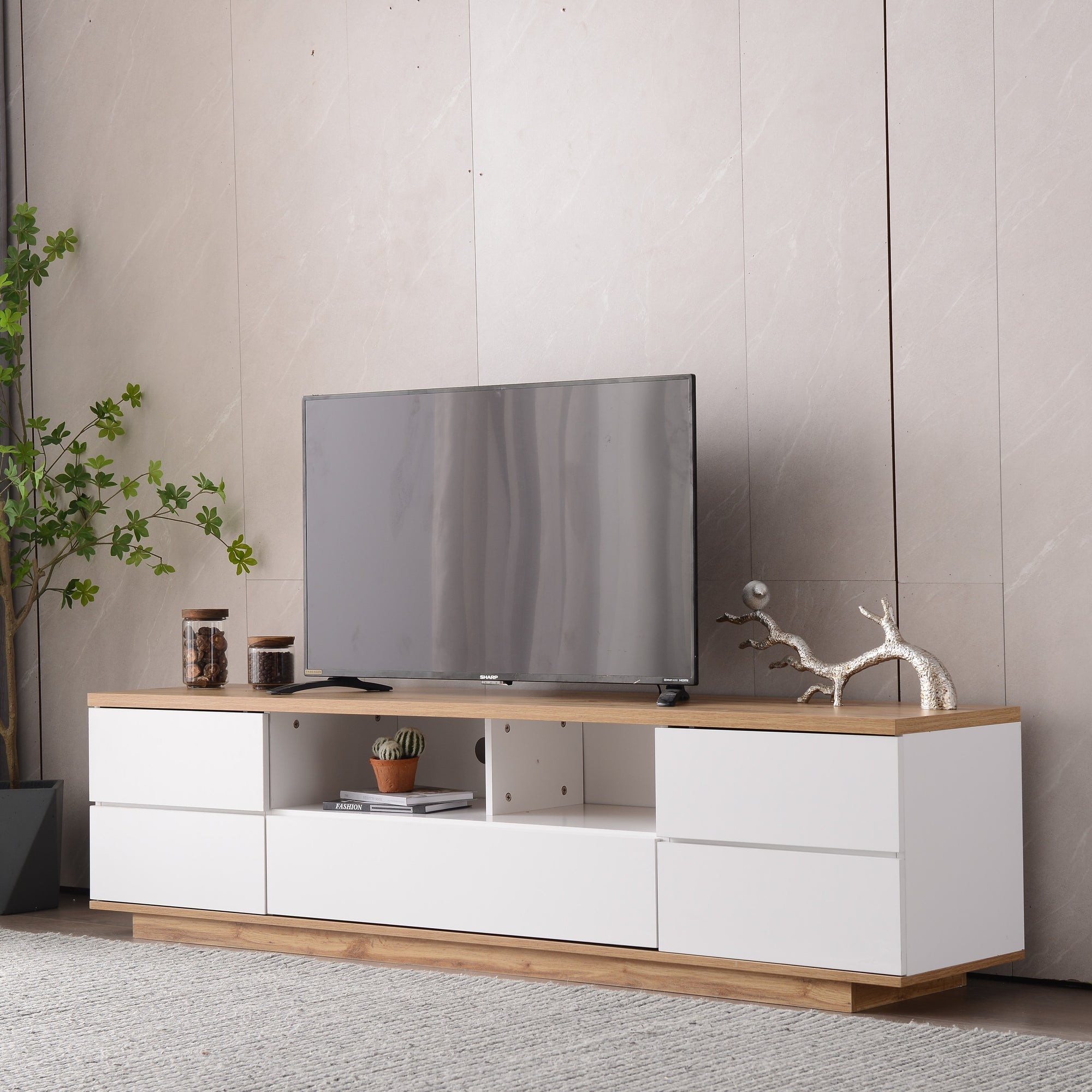 Modern TV Stand For TVs Up To 80 Inch Media Console With Multi-Functional Storage Entertainment Center In White And Natural