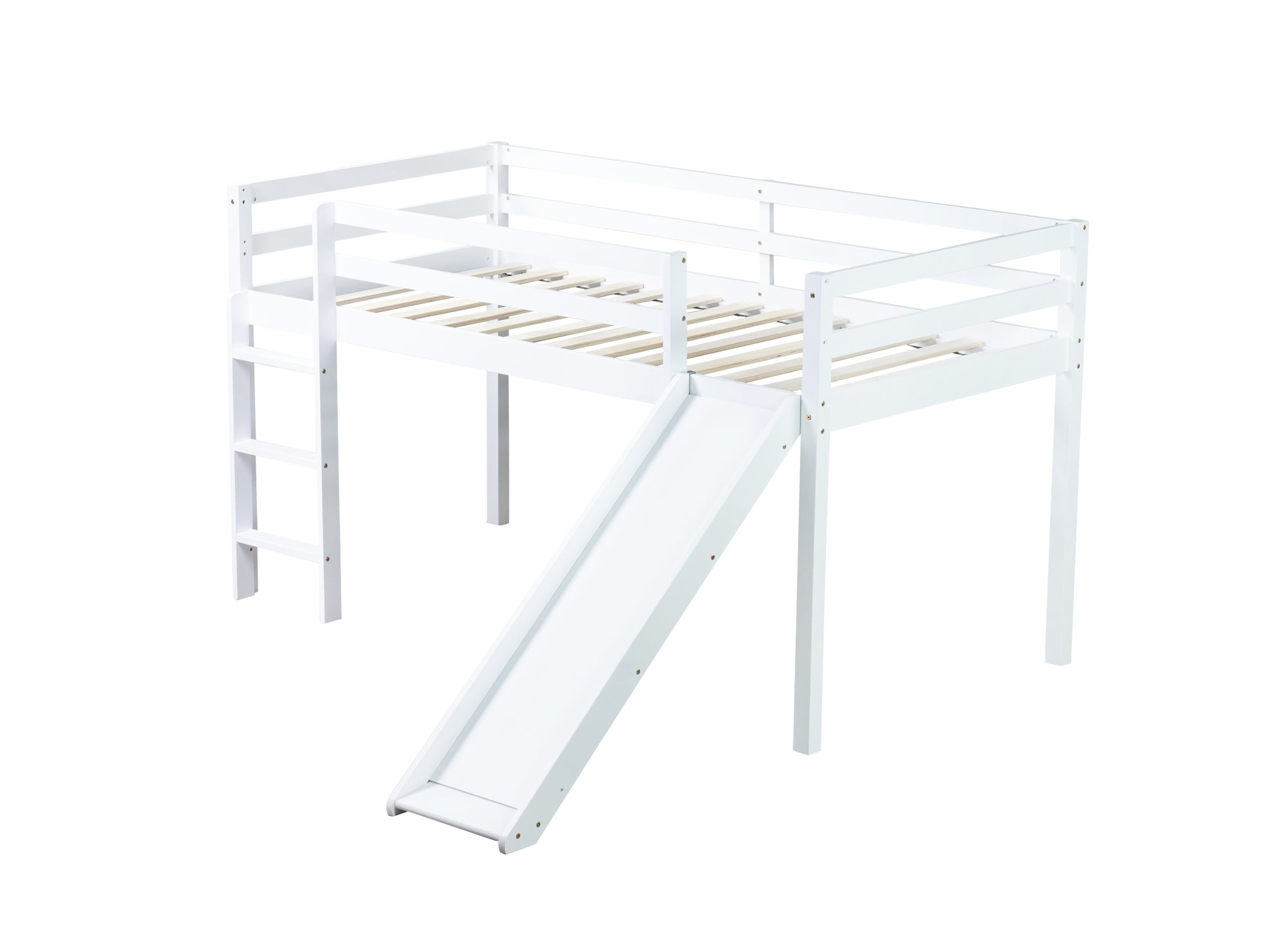 White Twin Low Loft Bed with Slide, Ladder, and Guardrails