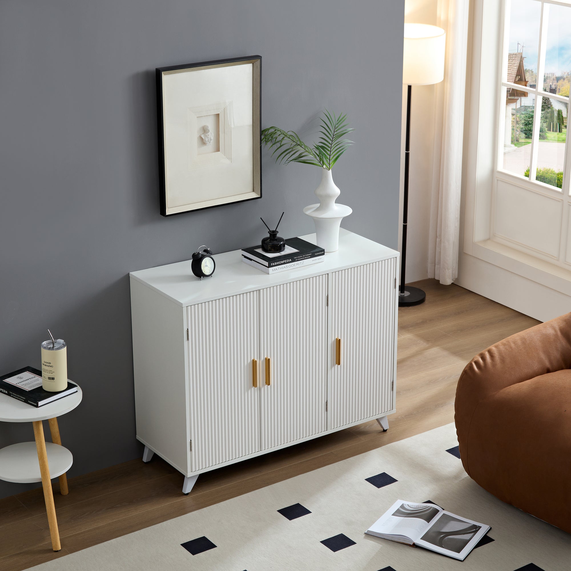 Sideboard With Wavy Texture Buffet Cabinet Modern White Accent Cabinet With Door For Kitchen Living Room In White