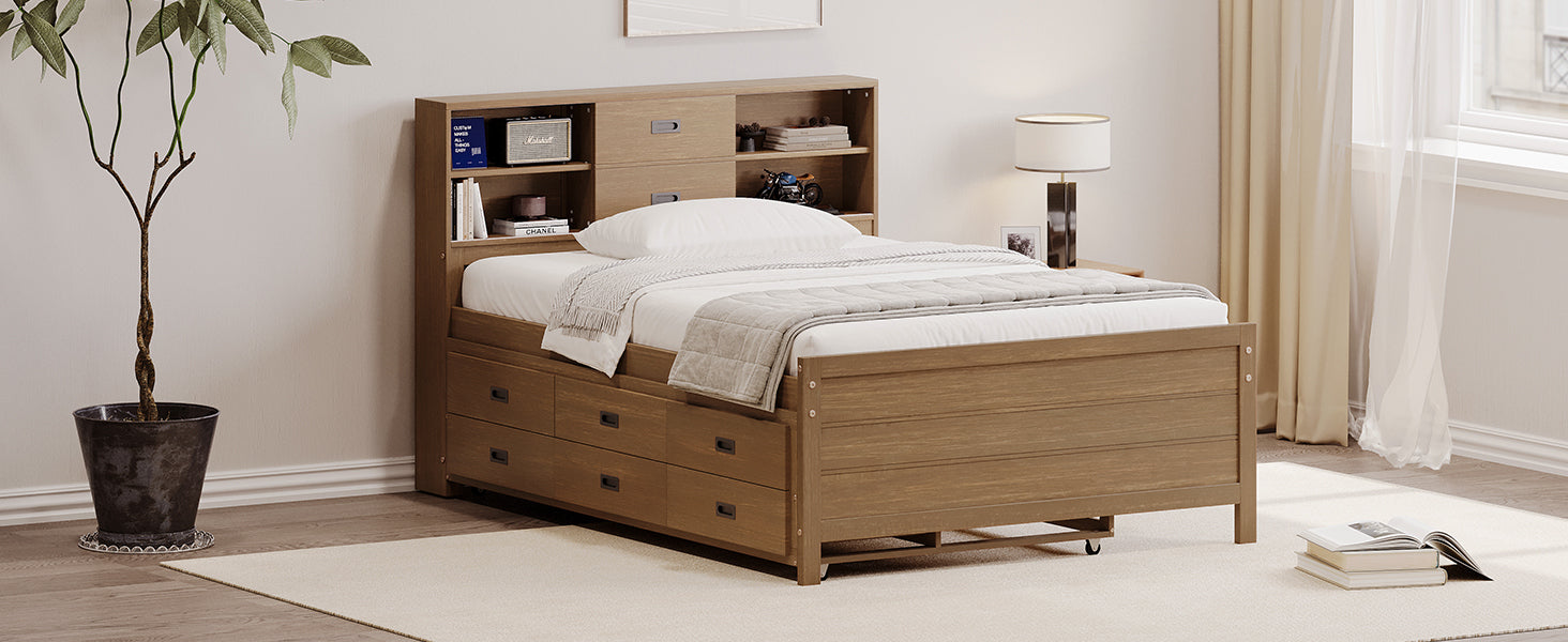 Walnut Twin Platform Bed with Trundle, Drawers & Storage Headboard