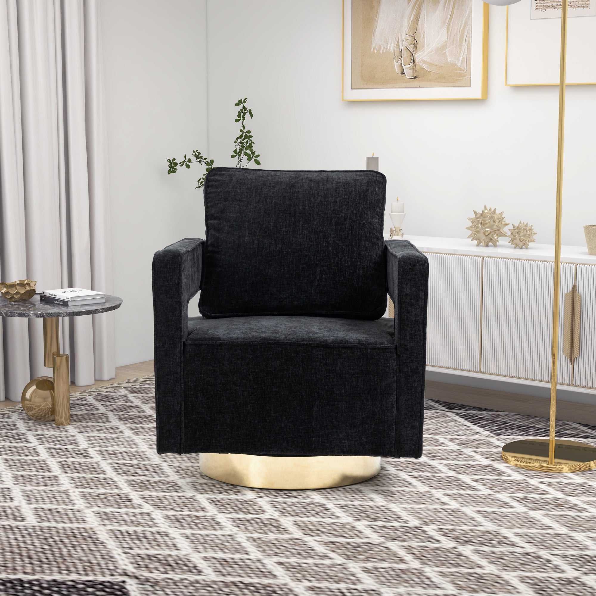 Open Back Black Chenille Swivel Accent Chair With Gold Stainless Steel Base